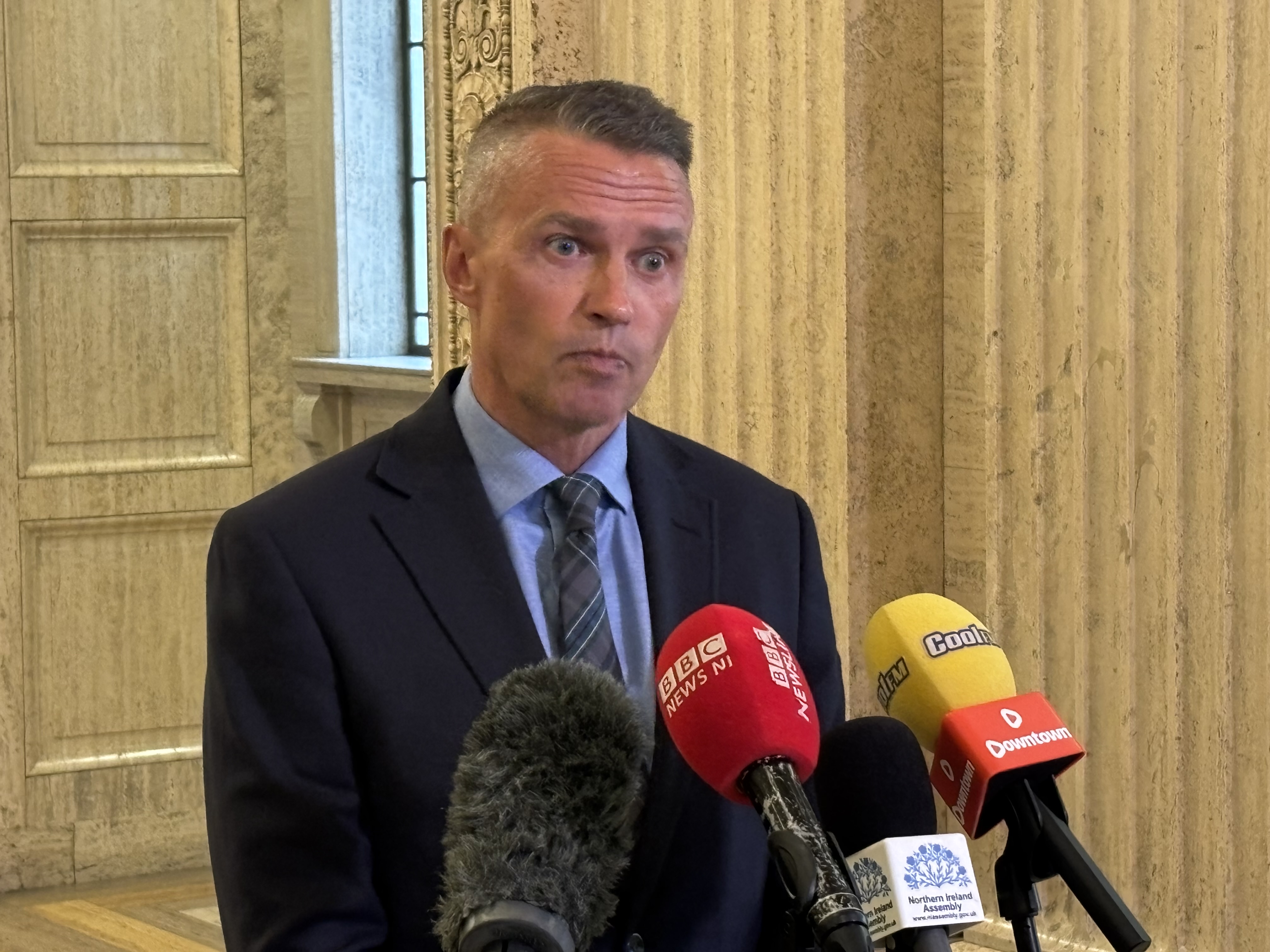  David Jackson, chief executive of Causeway Coast and Glens Council, speaks to media in the Great Hall in Stormont 