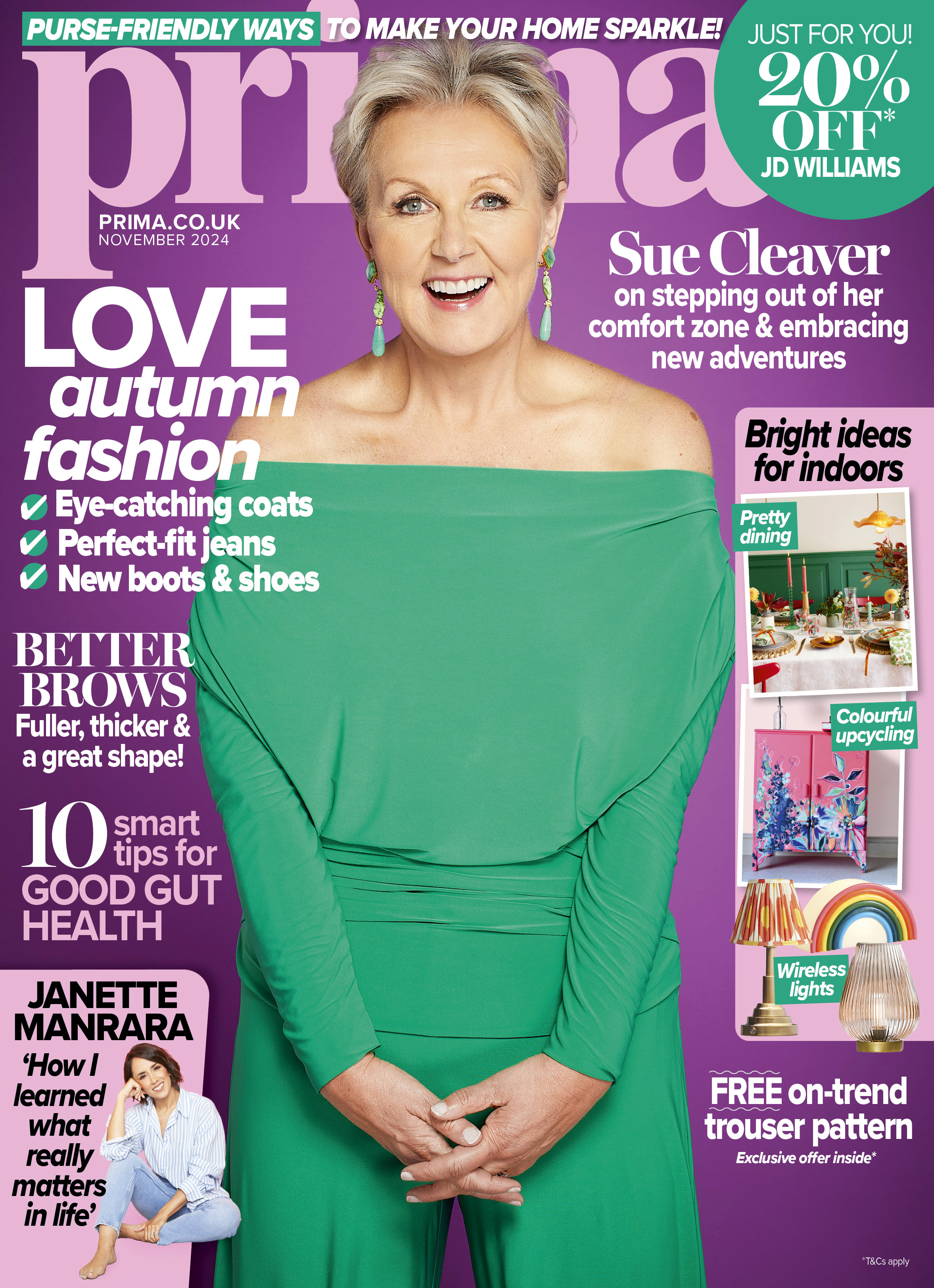 Sue Cleaver in green top and trousers, on the cover of Prima magazine.