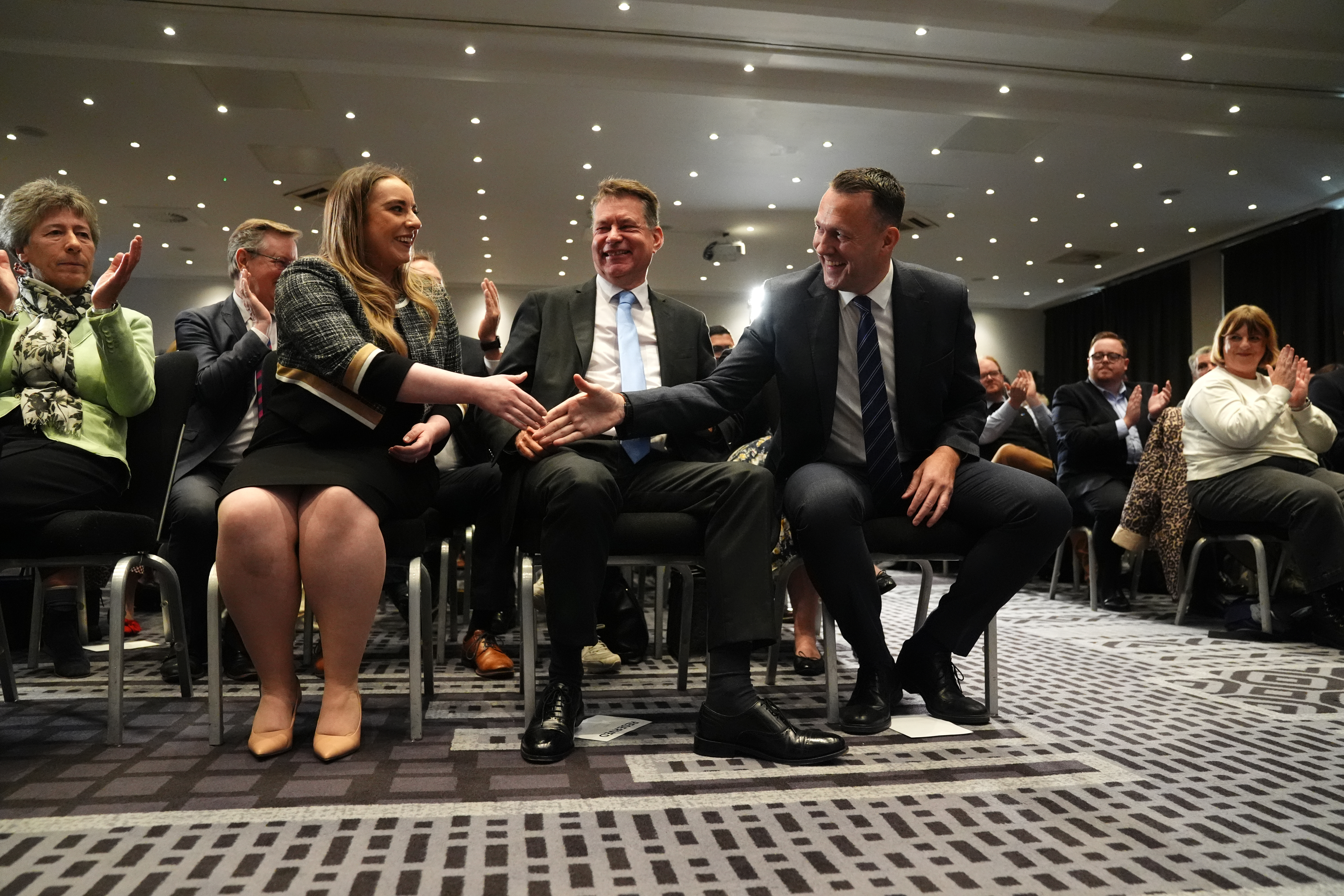 Russell Findlay is congratulated by Meghan Gallacher and Murdo Fraser after being chosen as the new Scottish Conservative leader