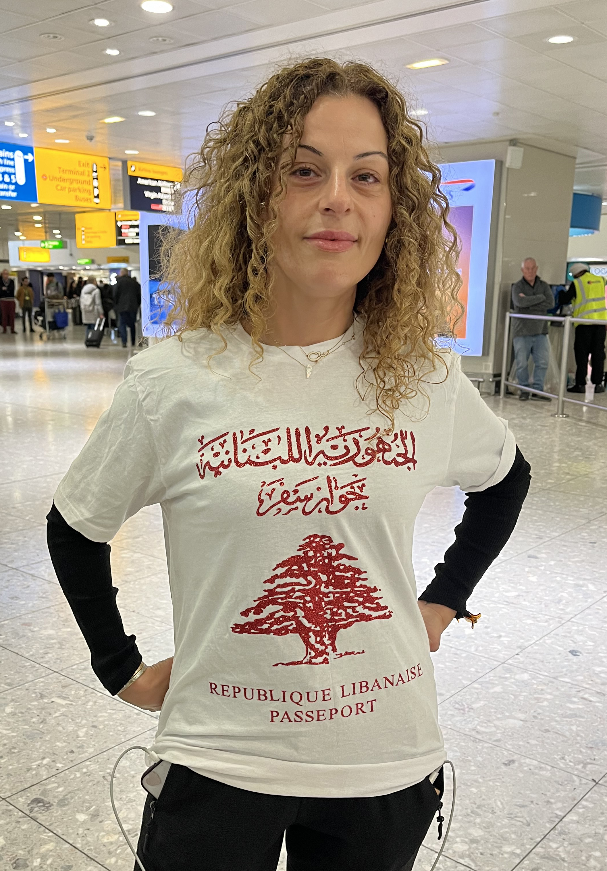 Solange, (no surname given), waits for her daughter Lara to arrive at Heathrow Airport on a flight from Beirut, Lebanon 