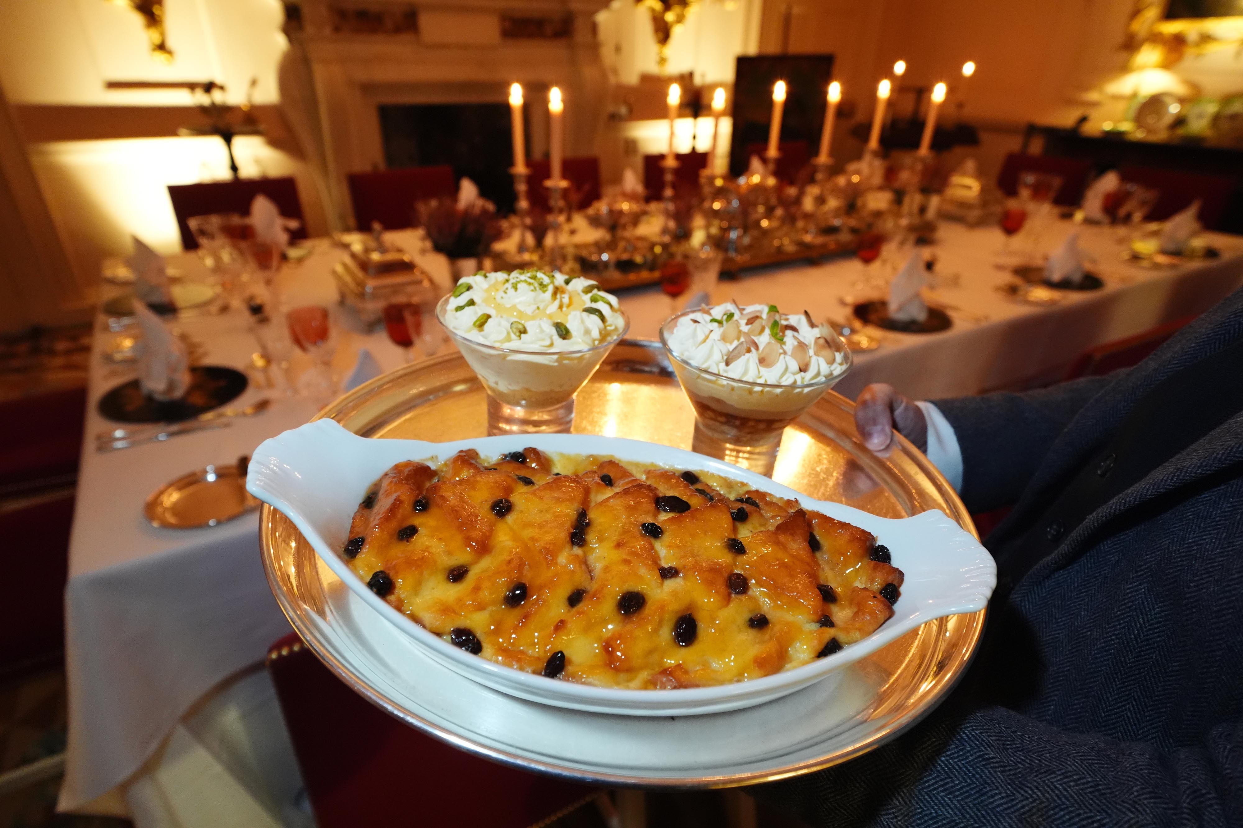 A lemon and pistachio syllabub, bread and butter pudding and an apple and almond trifle 