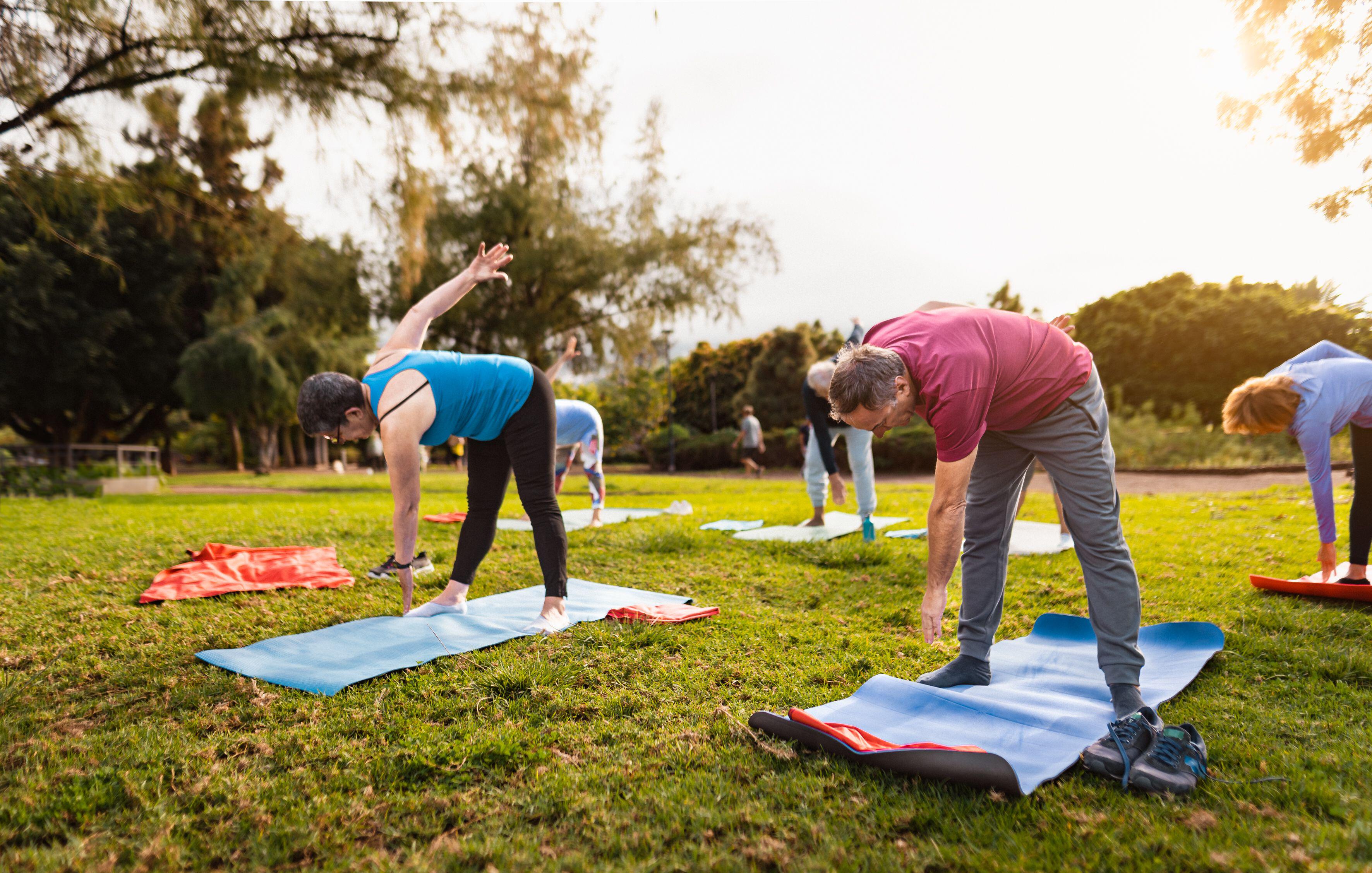 A group of senior friends doing pilates in a park