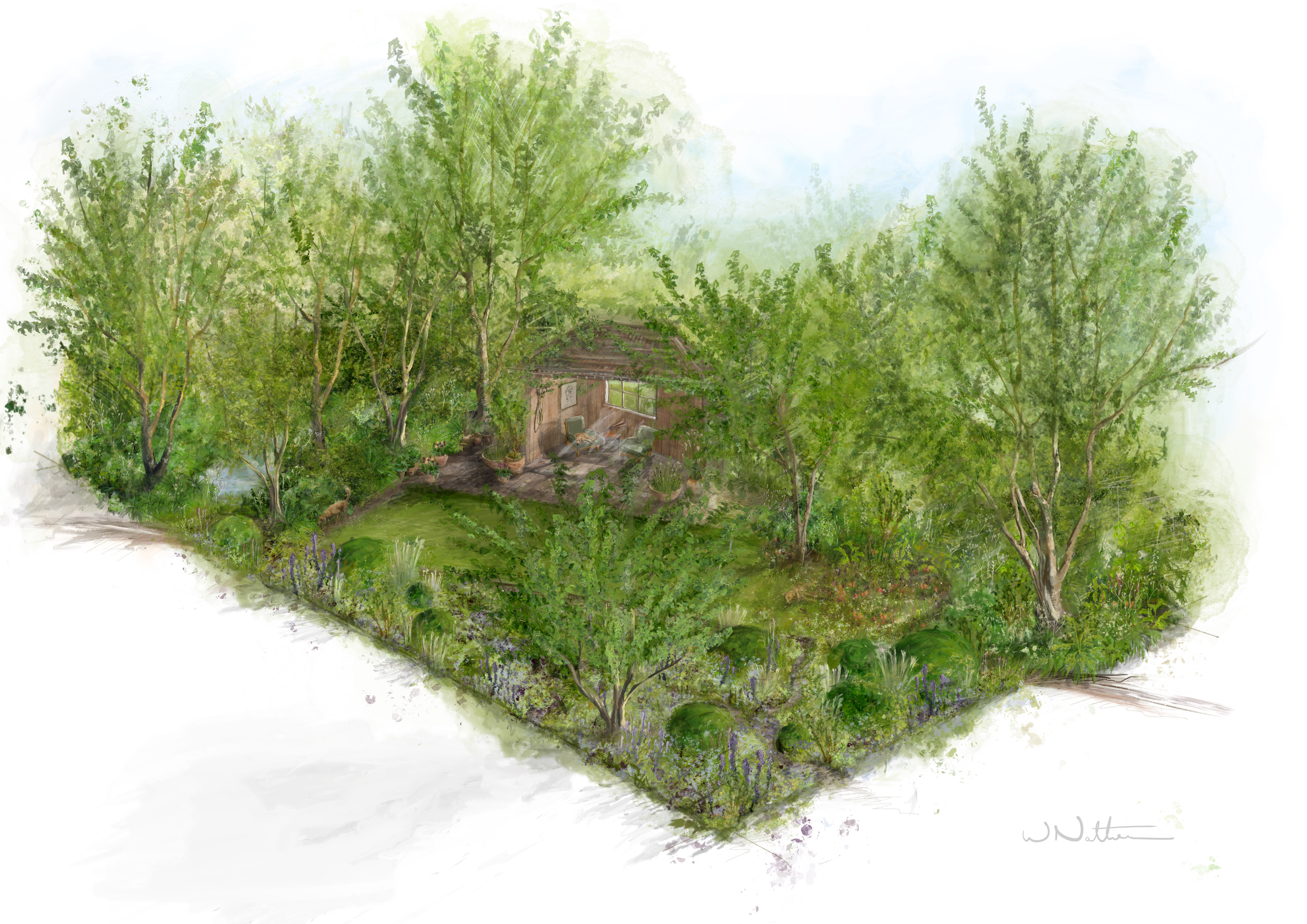 Visualisation of how the dog garden will look with lawn, trees and summer house