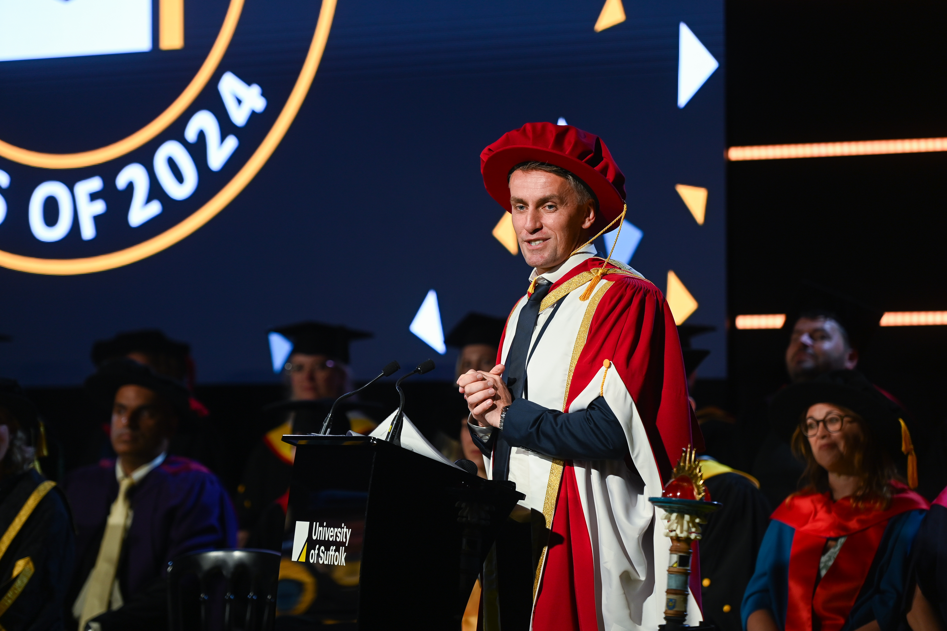 Ipswich Town Football Club manager Kieran McKenna, 38, received an honorary doctorate from the University of Suffolk after securing back-to-back promotions to the Premier League. (University of Suffolk/ Gregg Brown Photography/ PA)