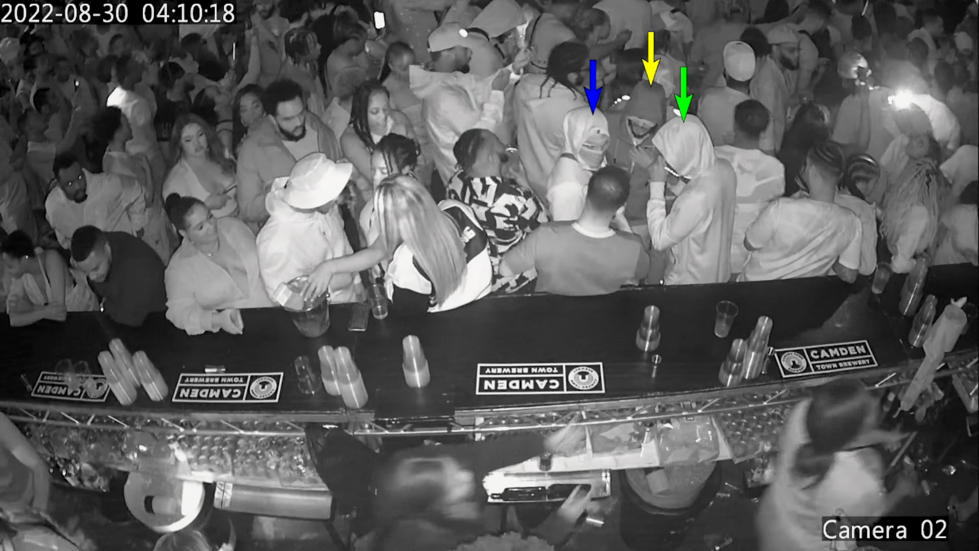 CCTV still of a masked man said to be Chris Kaba with two co-defendants in the Oval nighclub,