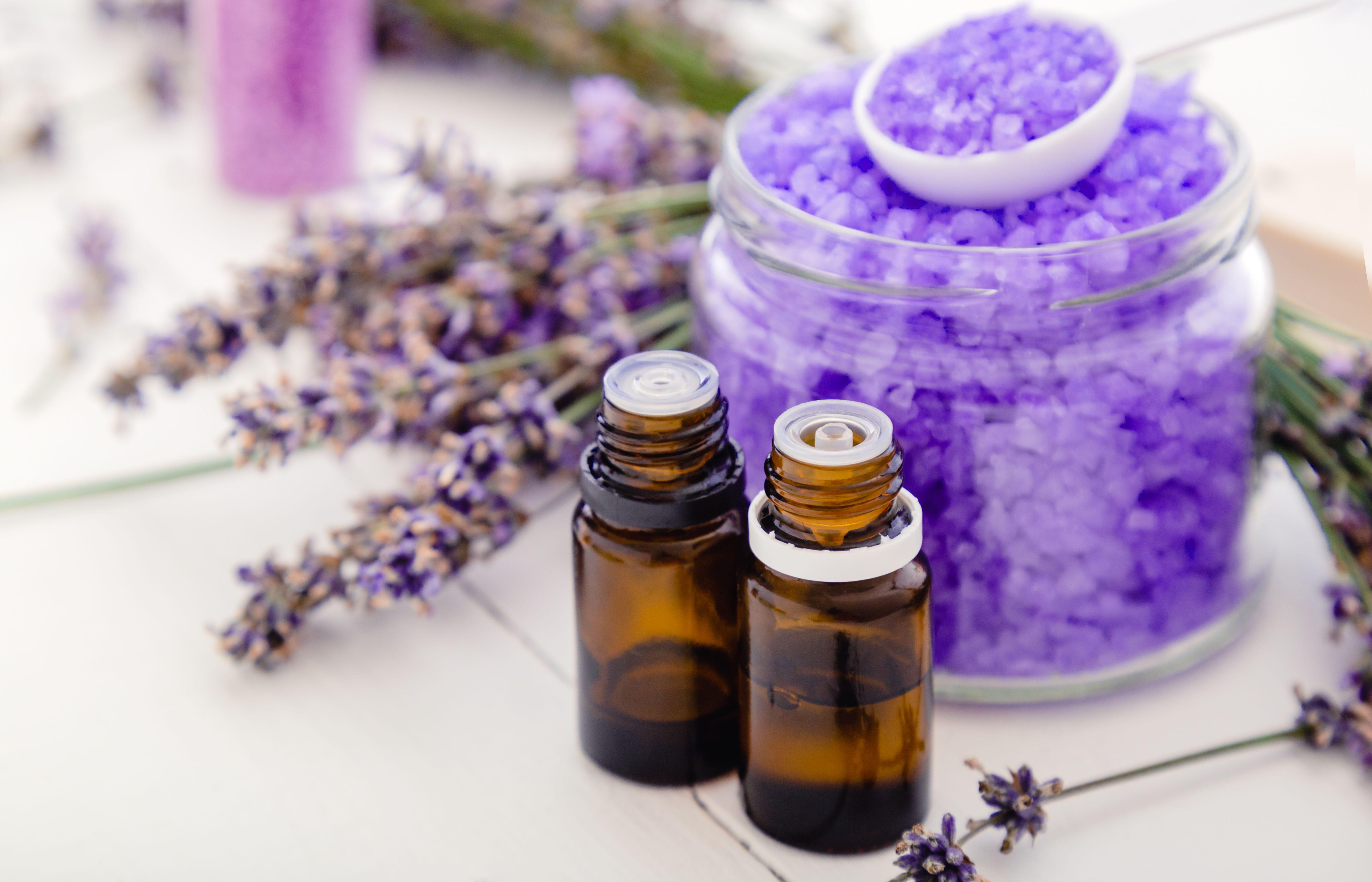 Lavender essential oils, violet sea salt and lavender flowers