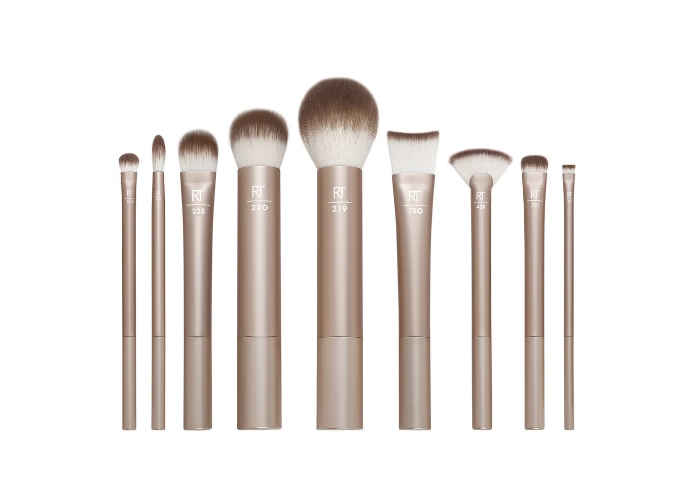 Set of nine make-up brushes with bronze metal handles