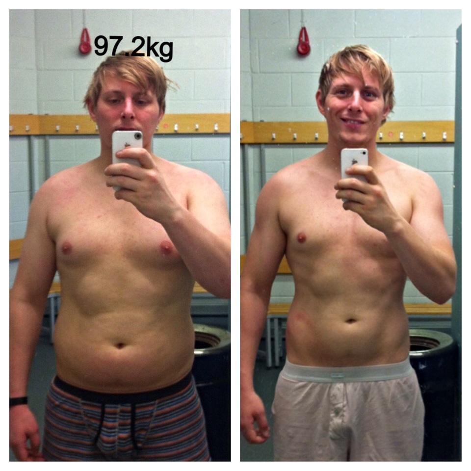 Composite image of a shirtless man showing his weight loss journey