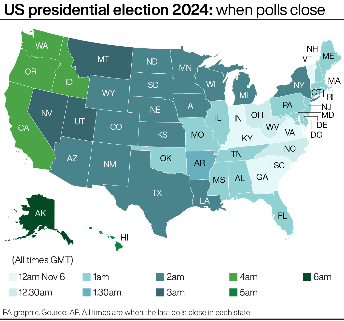 A map showing the times polls close in each US state for the 2024 presidential election