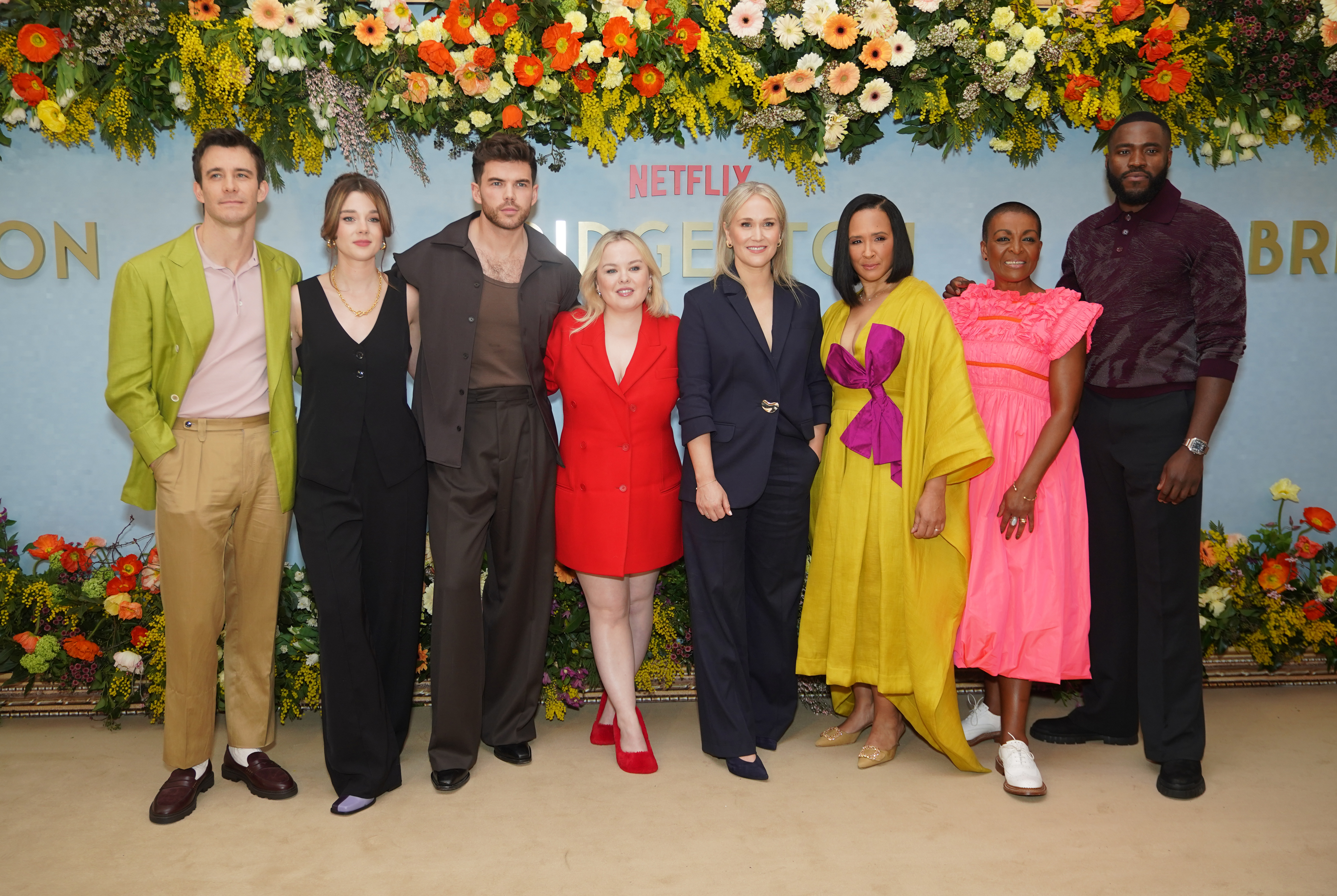 (left to right) Luke Thompson, Claudia Jessie, Luke Newton, Nicola Coughlan, Jess Brownell, Golda Rosheuvel, Adjoa Andoh, and Martins Imhangbe attend a screening of series three of the Netflix period drama Bridgerton at Claridges, central London.