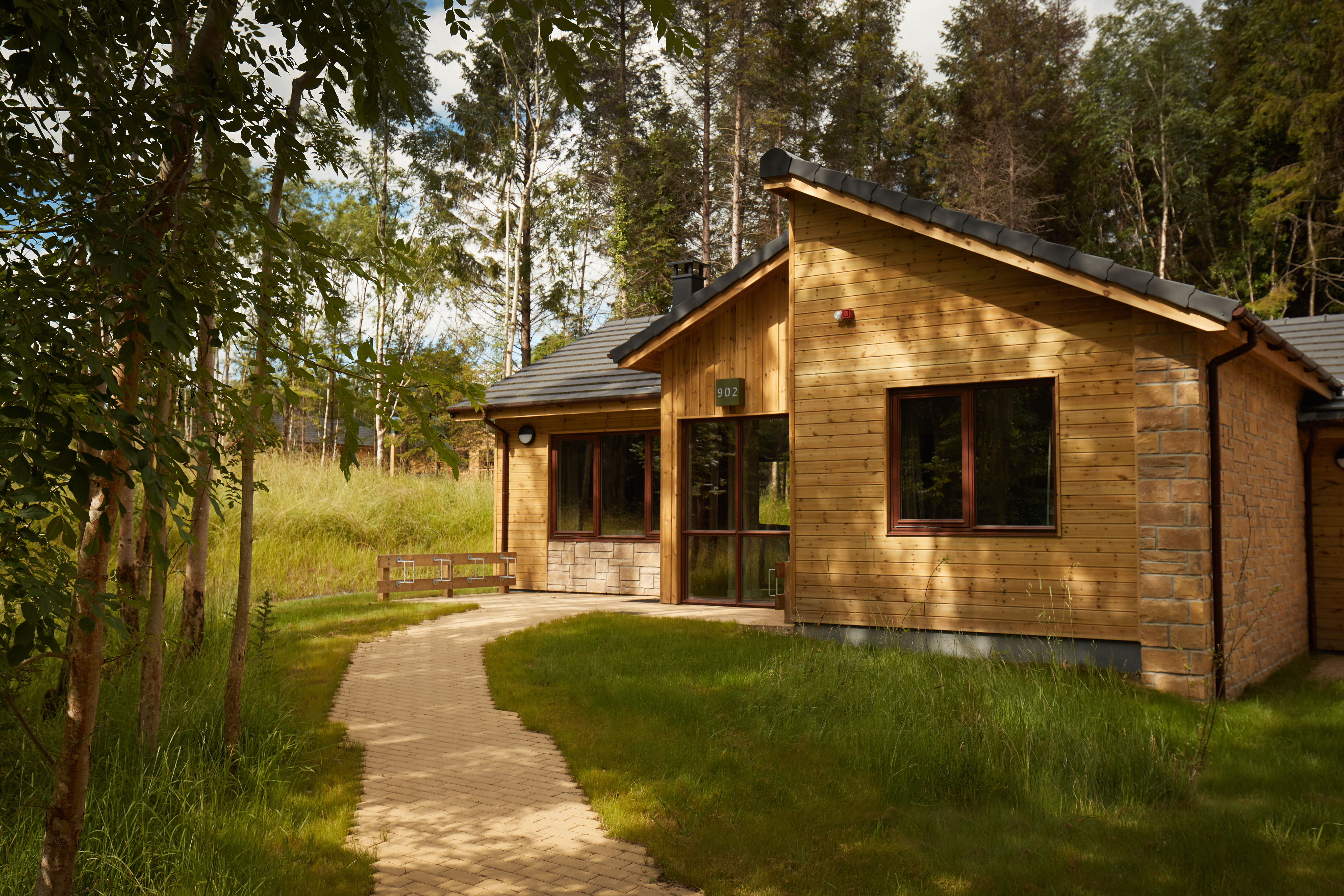 Exterior view of a wooden lodge set in woodland