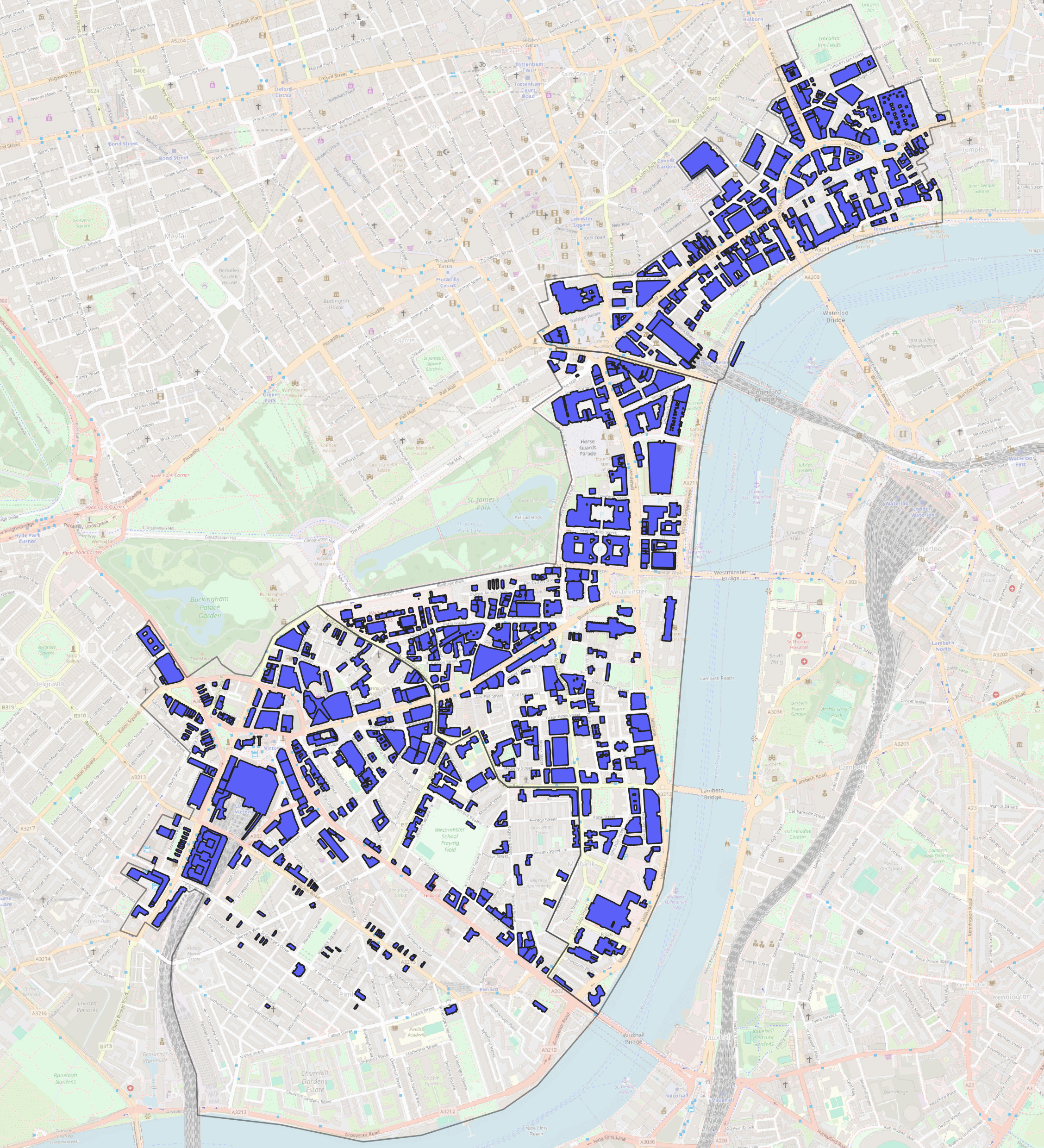 Map of central London with buildings highlighted in blue which could connect to the heat network