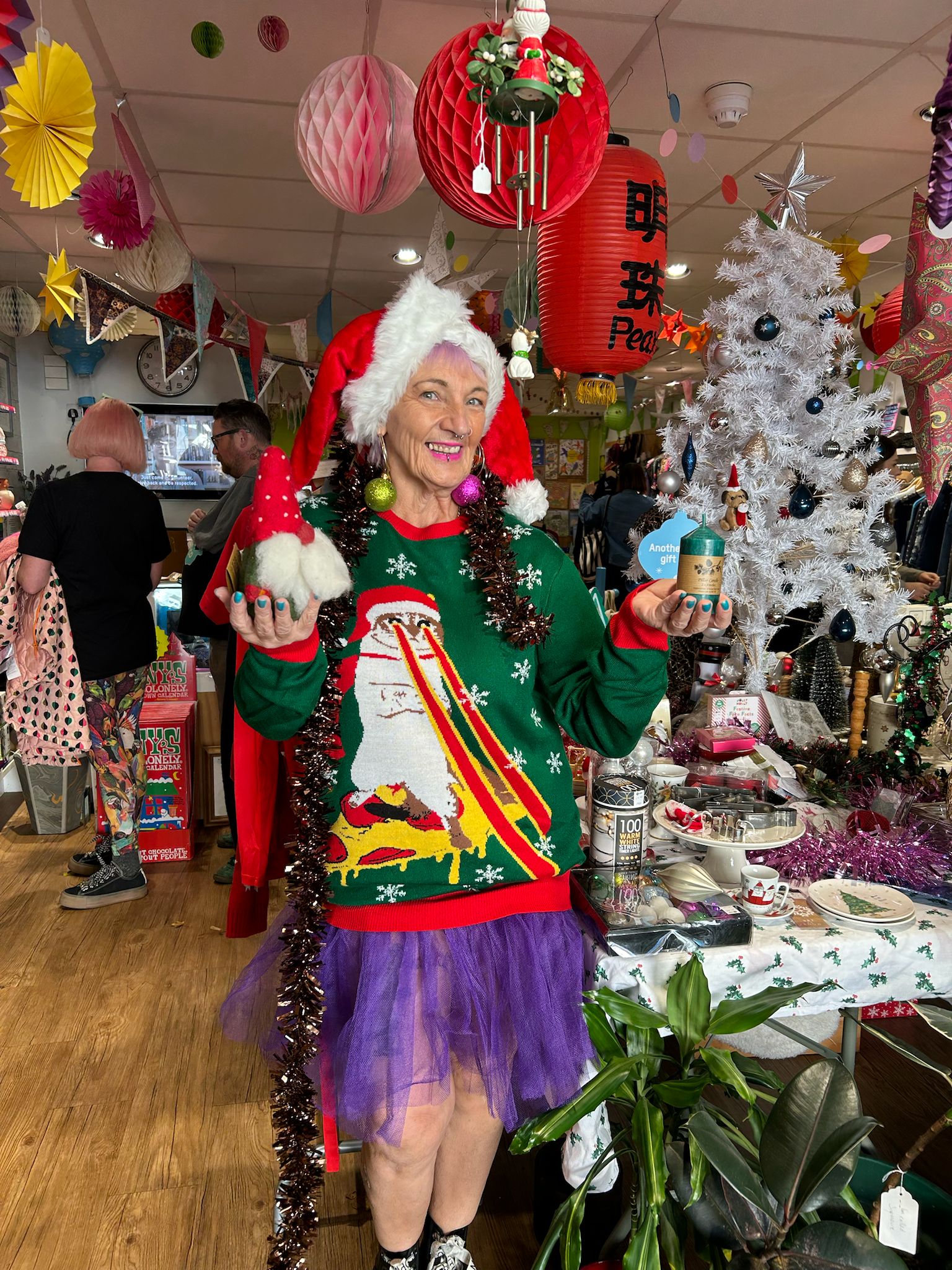 Lesley Wright showing off her festive second hand outfit 