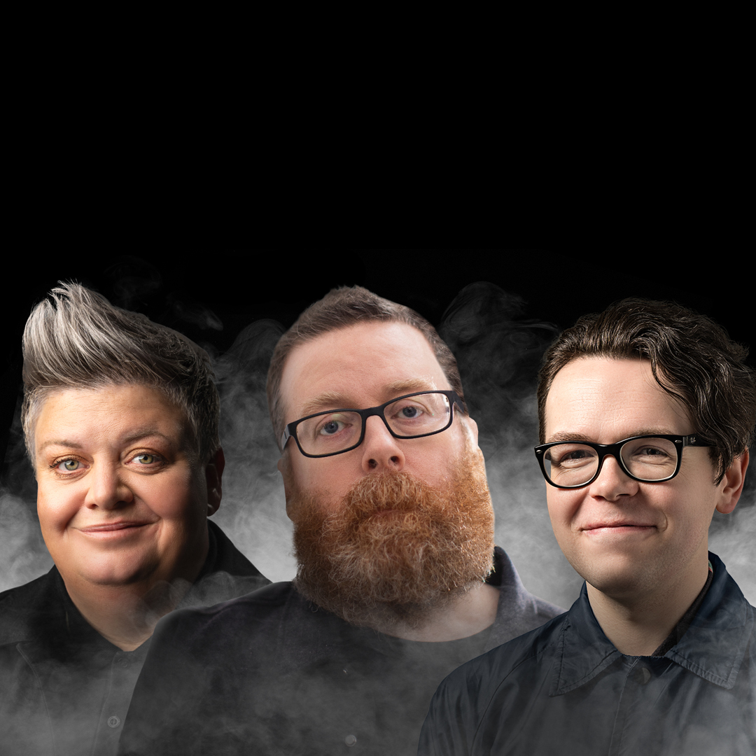 Stylised picture of Susie McCabe, Frankie Boyle, and Christopher MacArthur-Boyd wearing black, against a black background