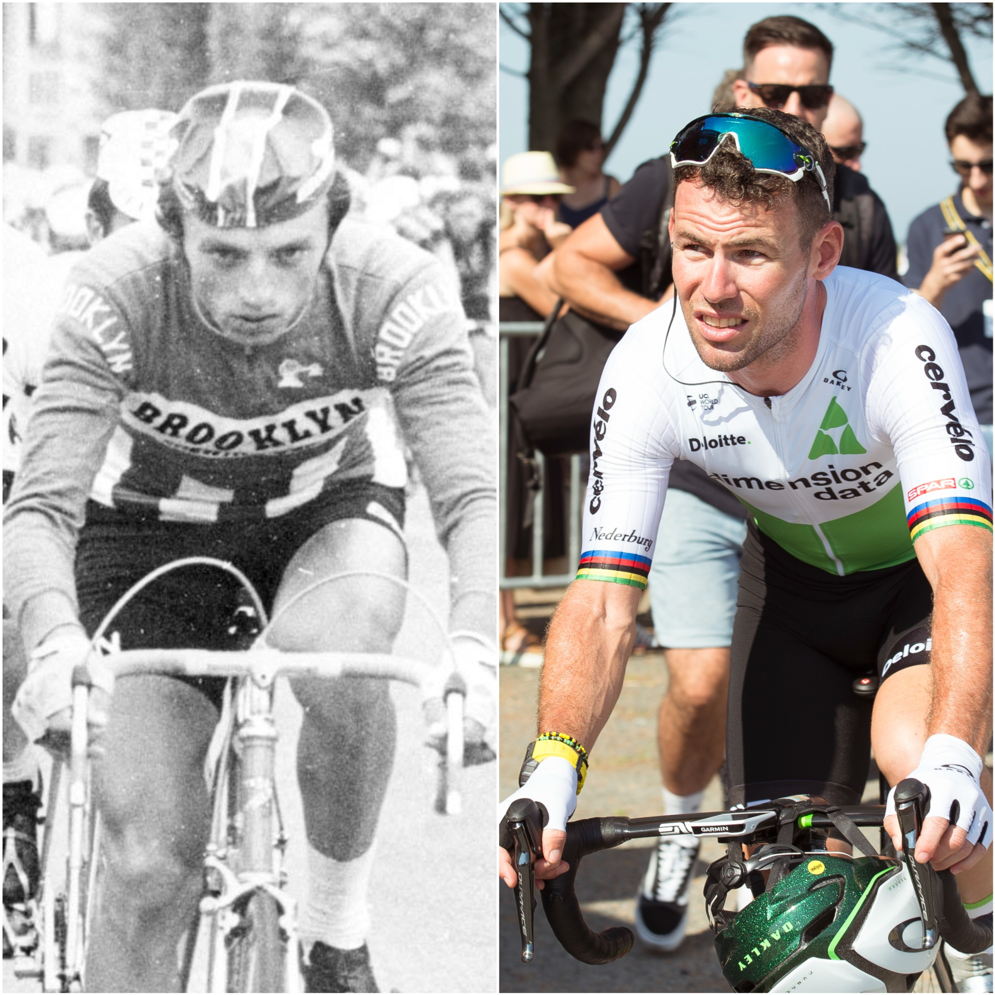 Composite image of Eddy Merckx, left, and Mark Cavendish riding in the Tour de France