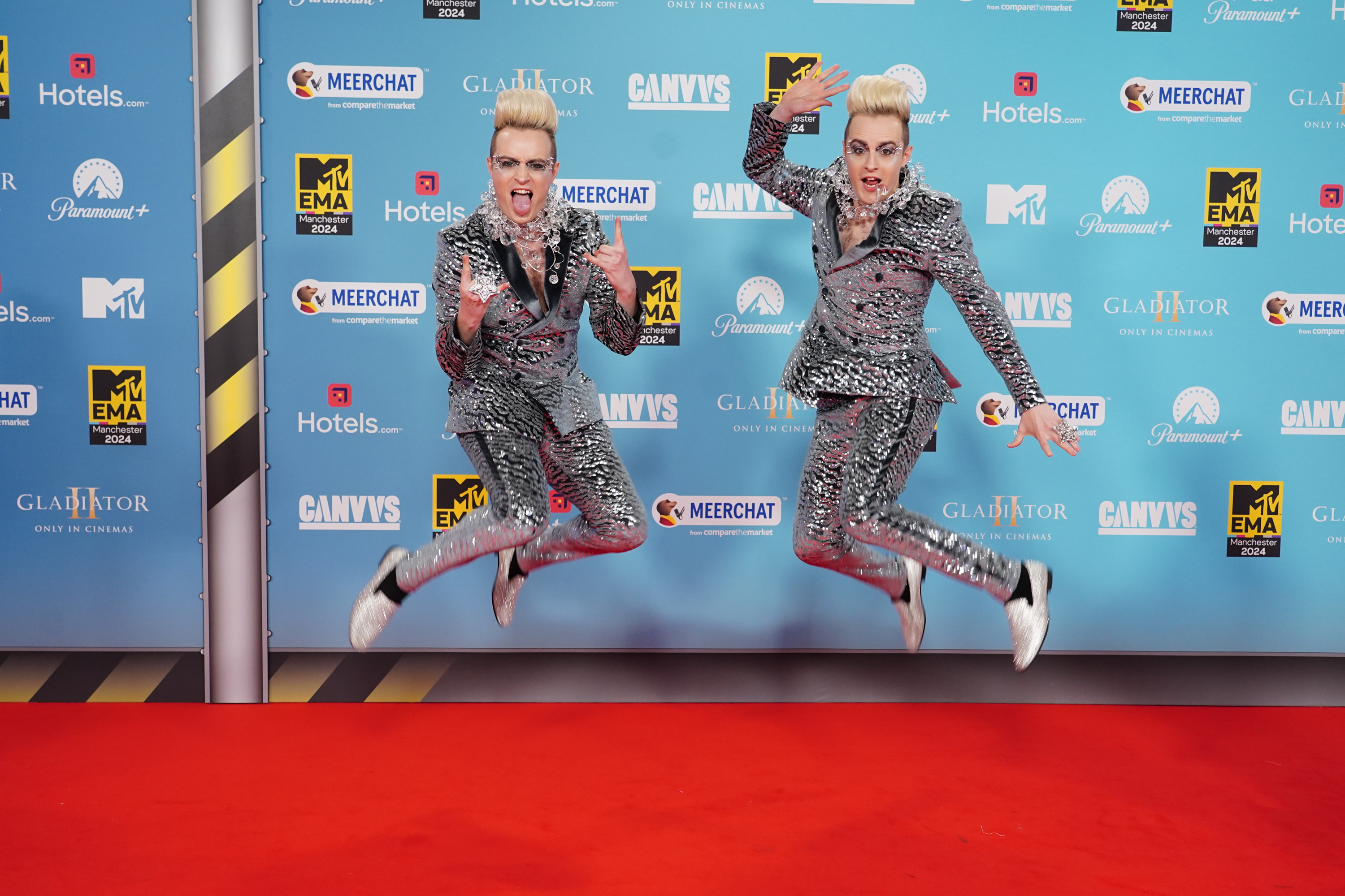 Edward Grimes and John Grimes of Jedward attending the MTV Europe Music Awards 2024 at the Co-Op Live Arena, Manchester. Picture date: Sunday November 10, 2024.
