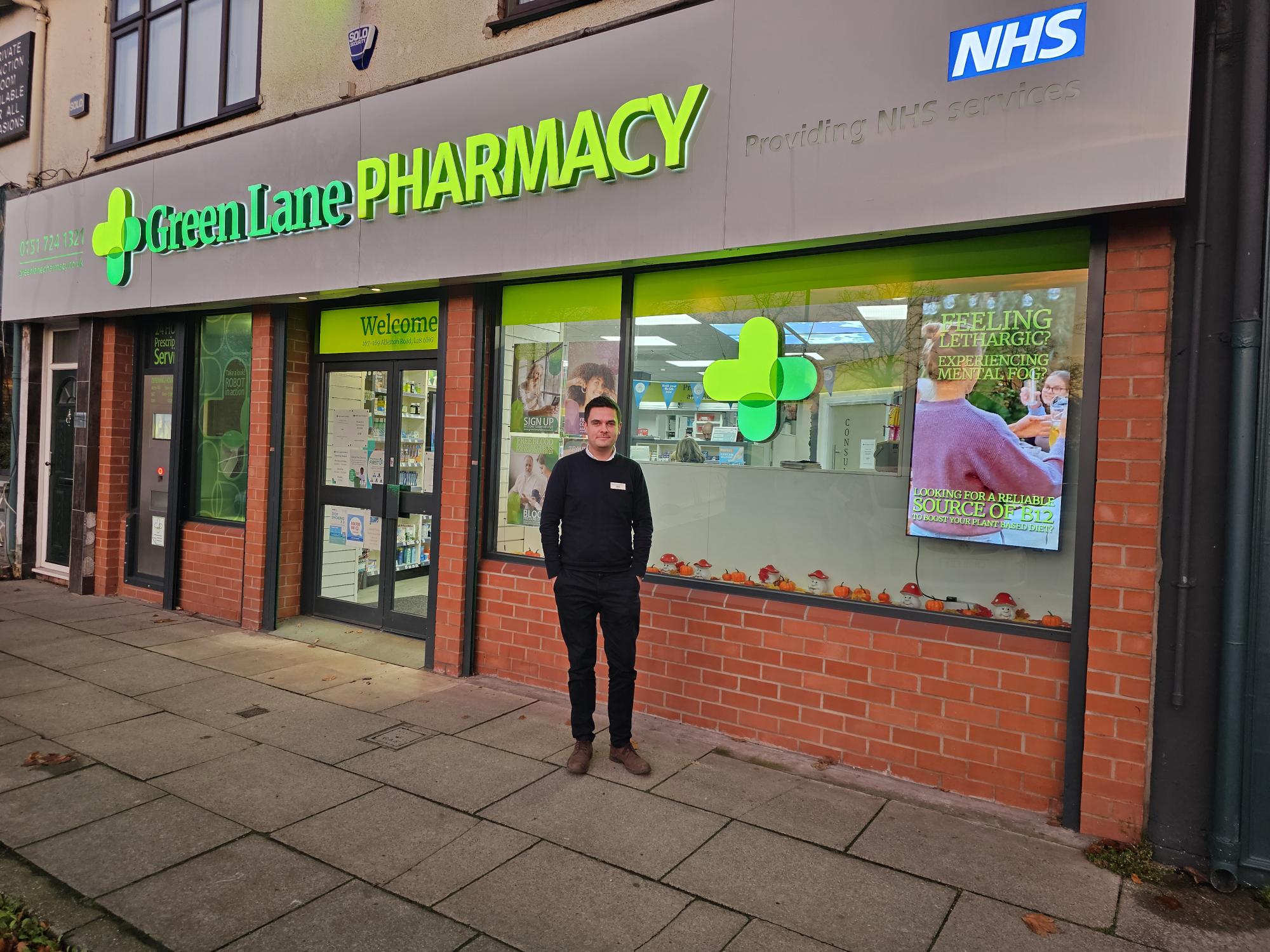 Matt Harvey outside his pharmacy on Allerton Road in Mossley Hill, Liverpool