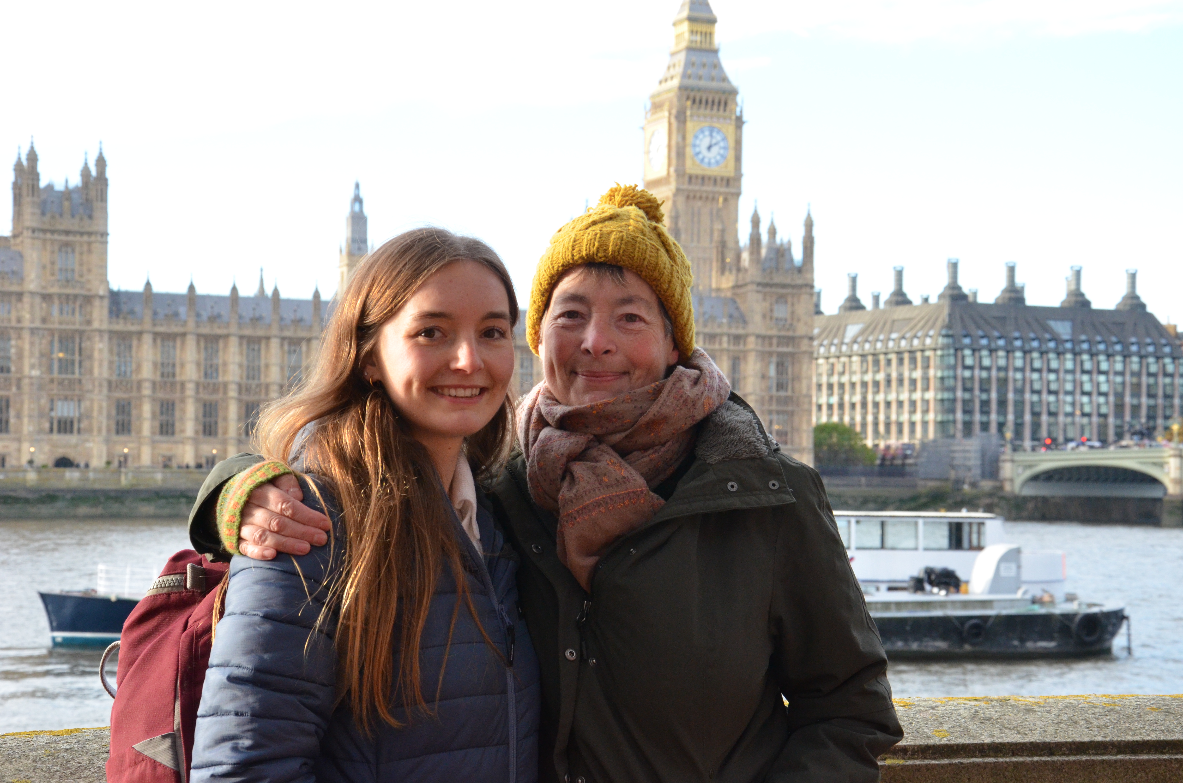 Clare Turner with her daughter Chloe with the Houses of Parliament behind them 