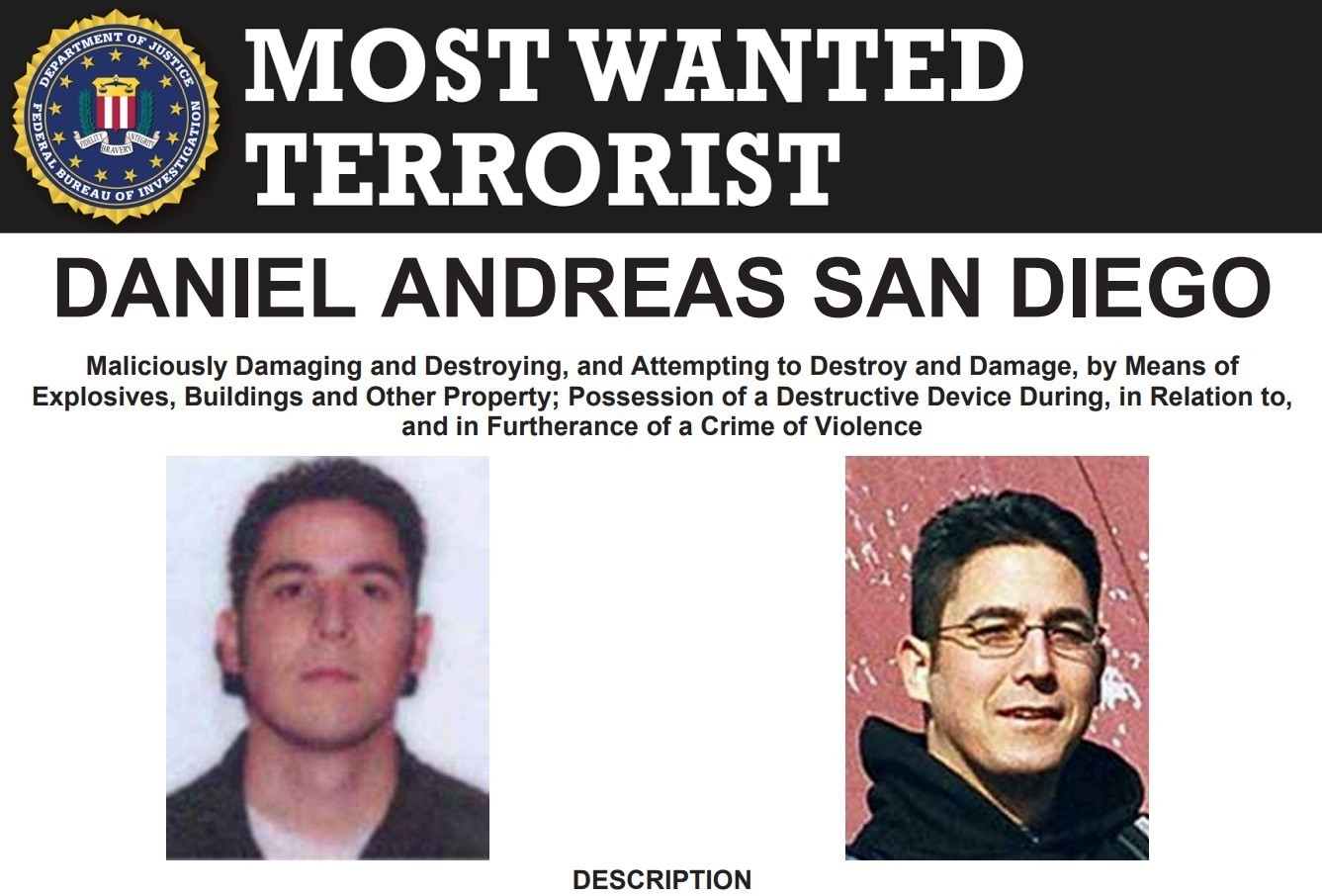 An FBI appeal poster for Daniel Andreas San Diego featuring two images 