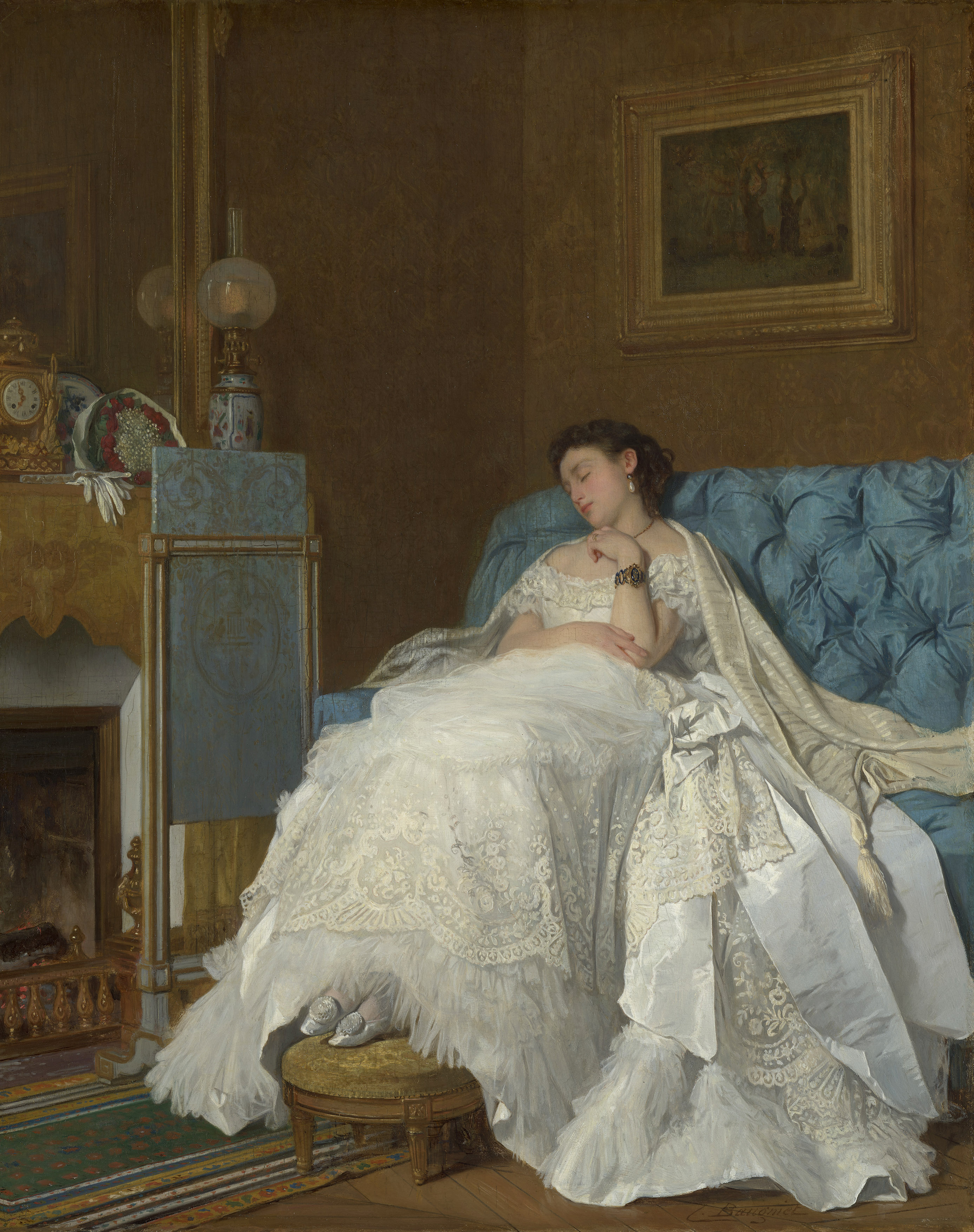 Charles Baugniet's depiction of a lady in a ballgown asleep on a sofa