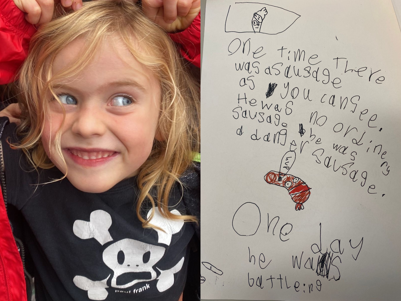 Composite image of a young boy pulling a silly face (left) and an image of the young boy's hand drawn and handwritten comic book (right)