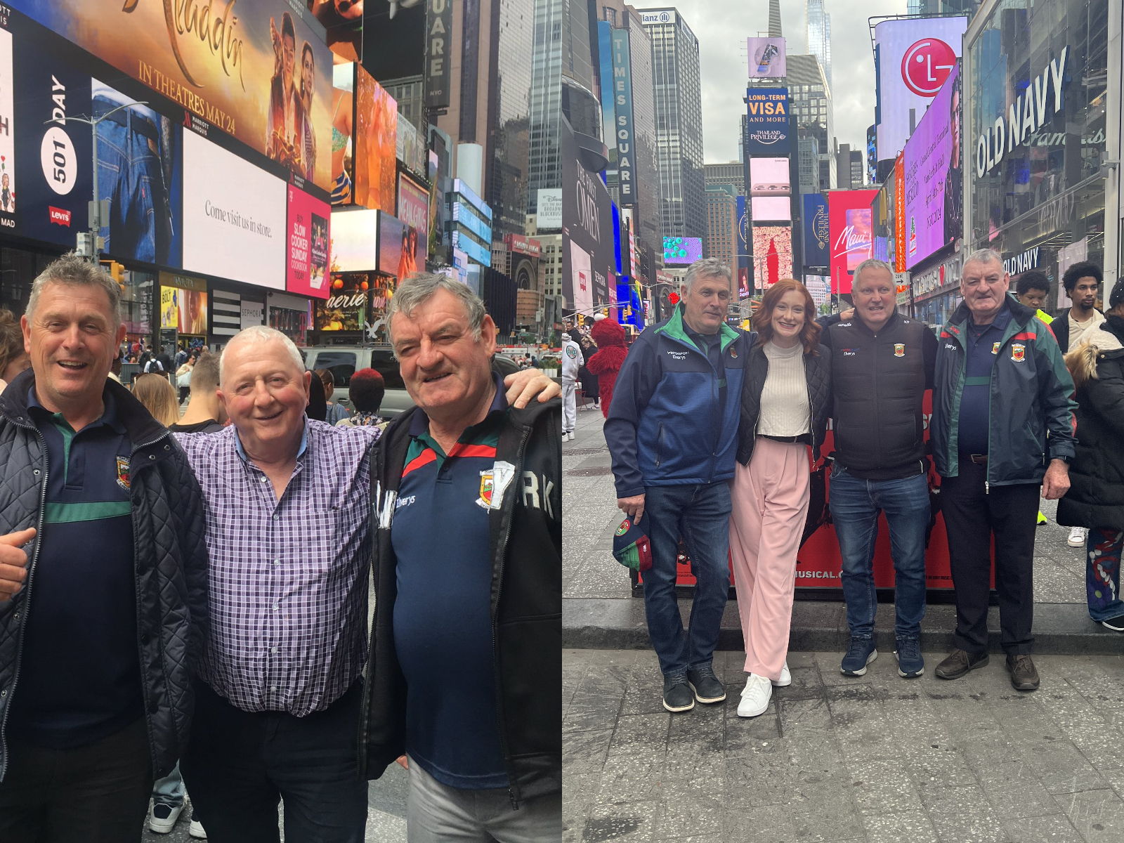 Composite image of three men pictured at Times Square in 2019 (left) and an image from 2024 of the same men pictured with the woman who took the image in 2019 (right)