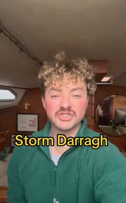 Ed Coll on his boat with caption Storm Darragh overlaid