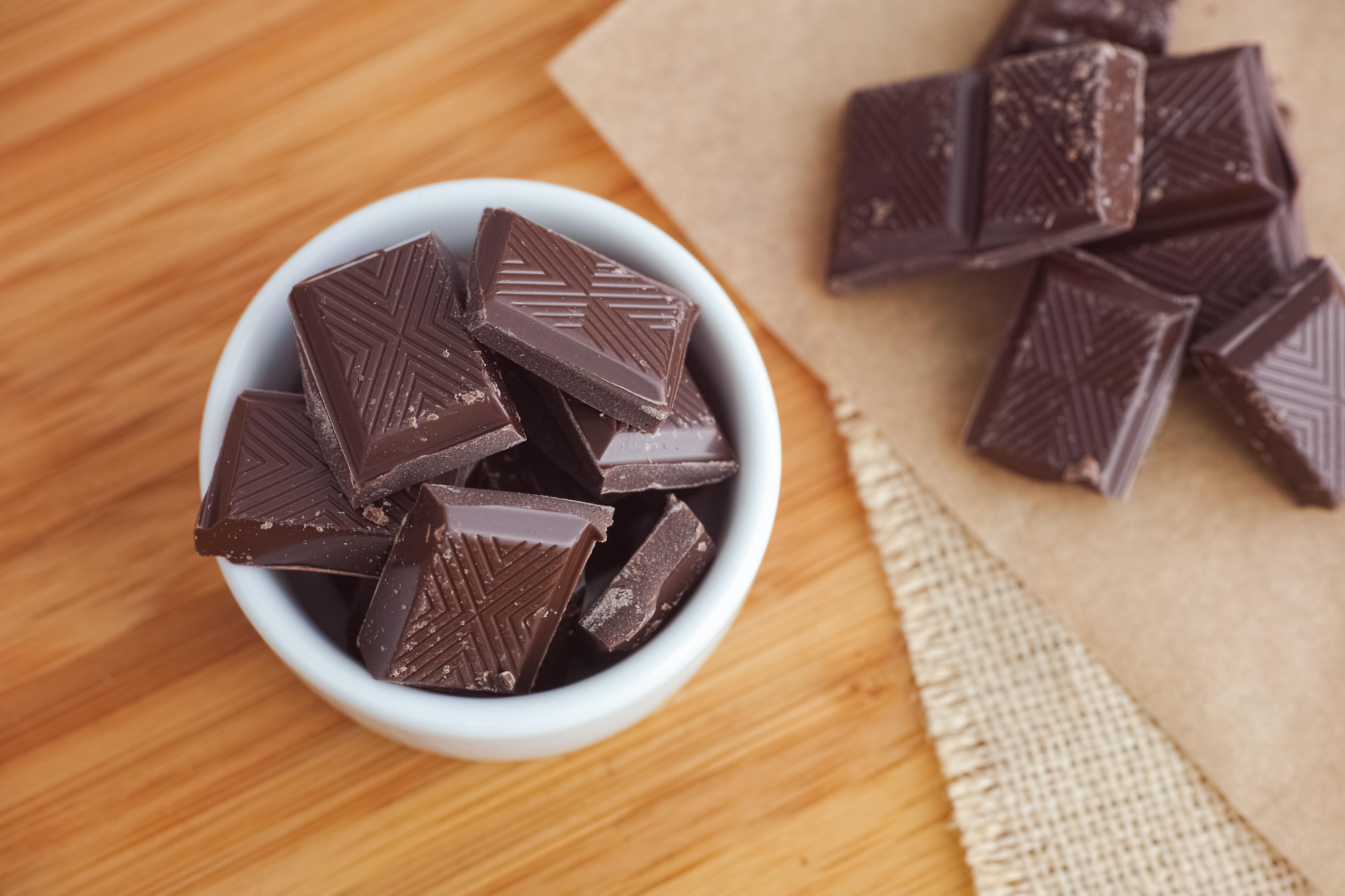 Broken pieces of dark chocolate pieces in a bowl in a wooden table