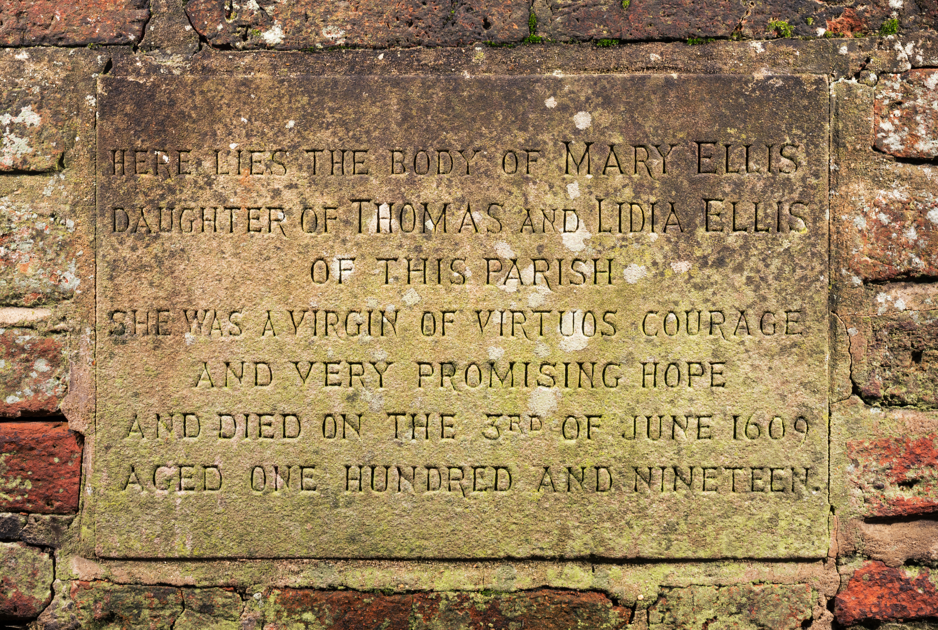 Detail of a 1970s carved plaque on the side of Mary Ellis' tomb in St Clement's churchyard