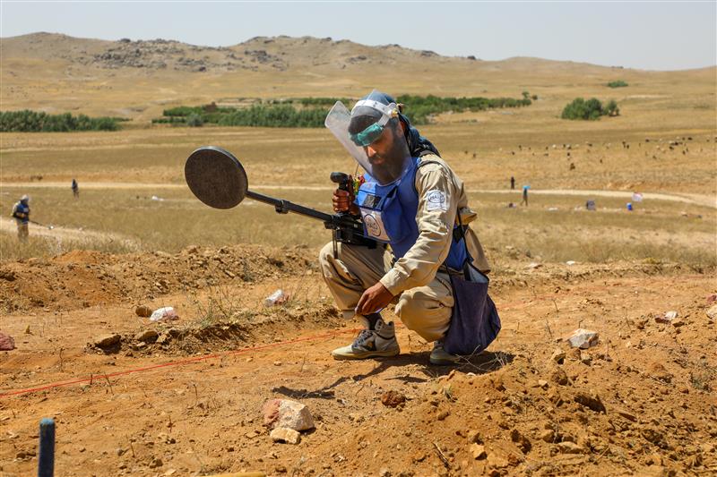 Man wearing protective equipment and metal detector marks an area of scrubland