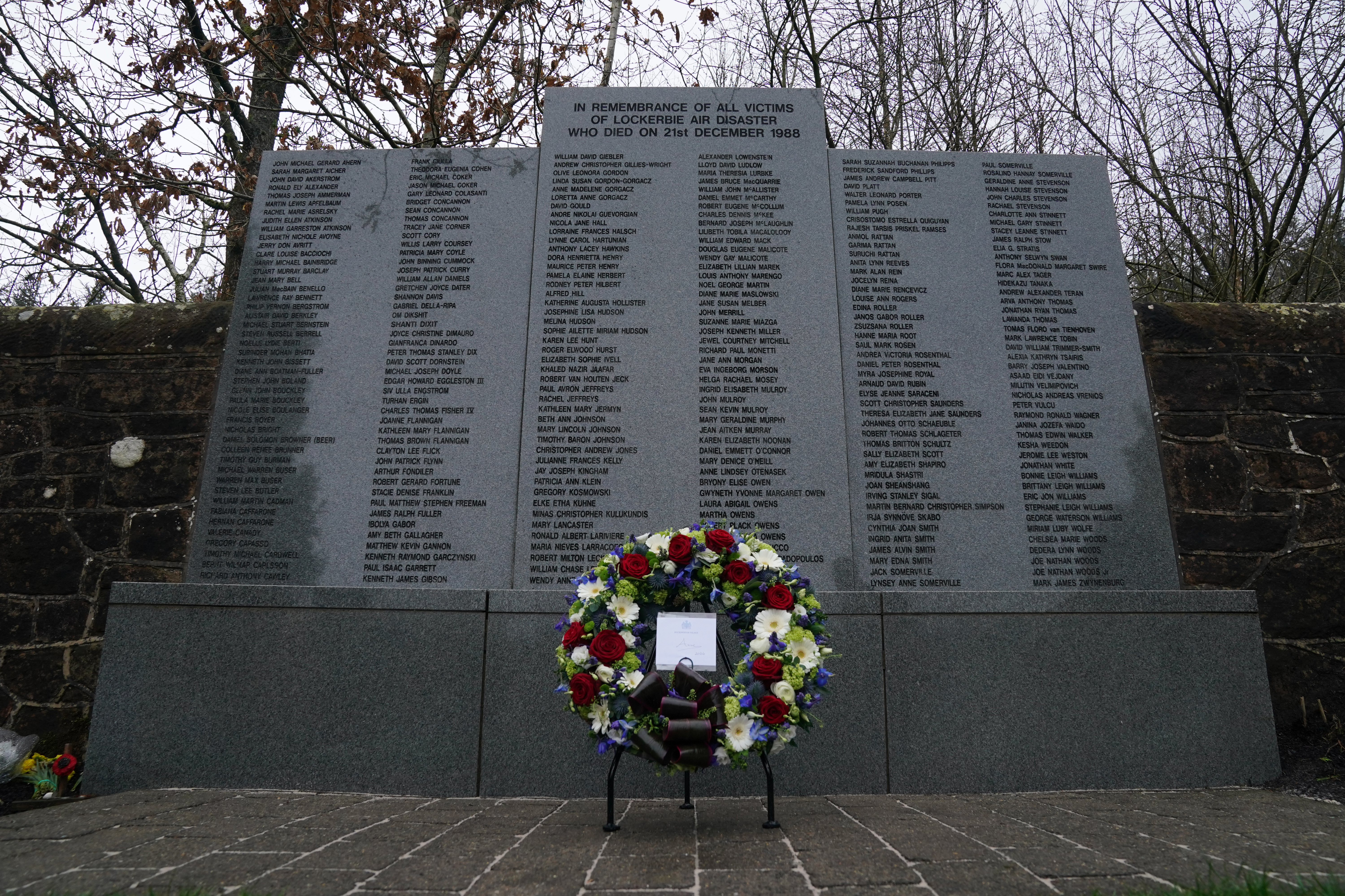 A wreath sits in front of the Lockerbie bombing memorial