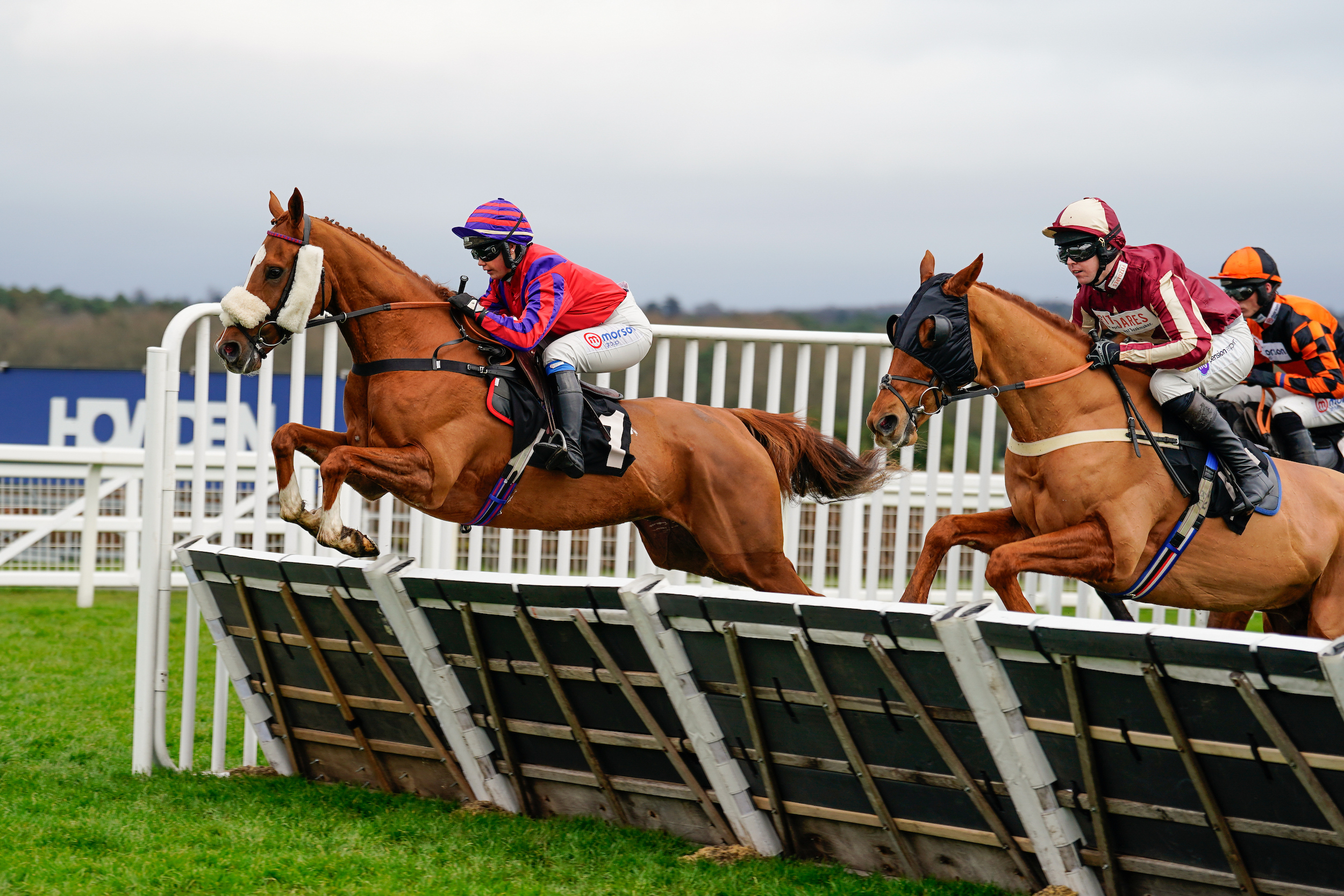 Racehorses going over a fence on a racetrack