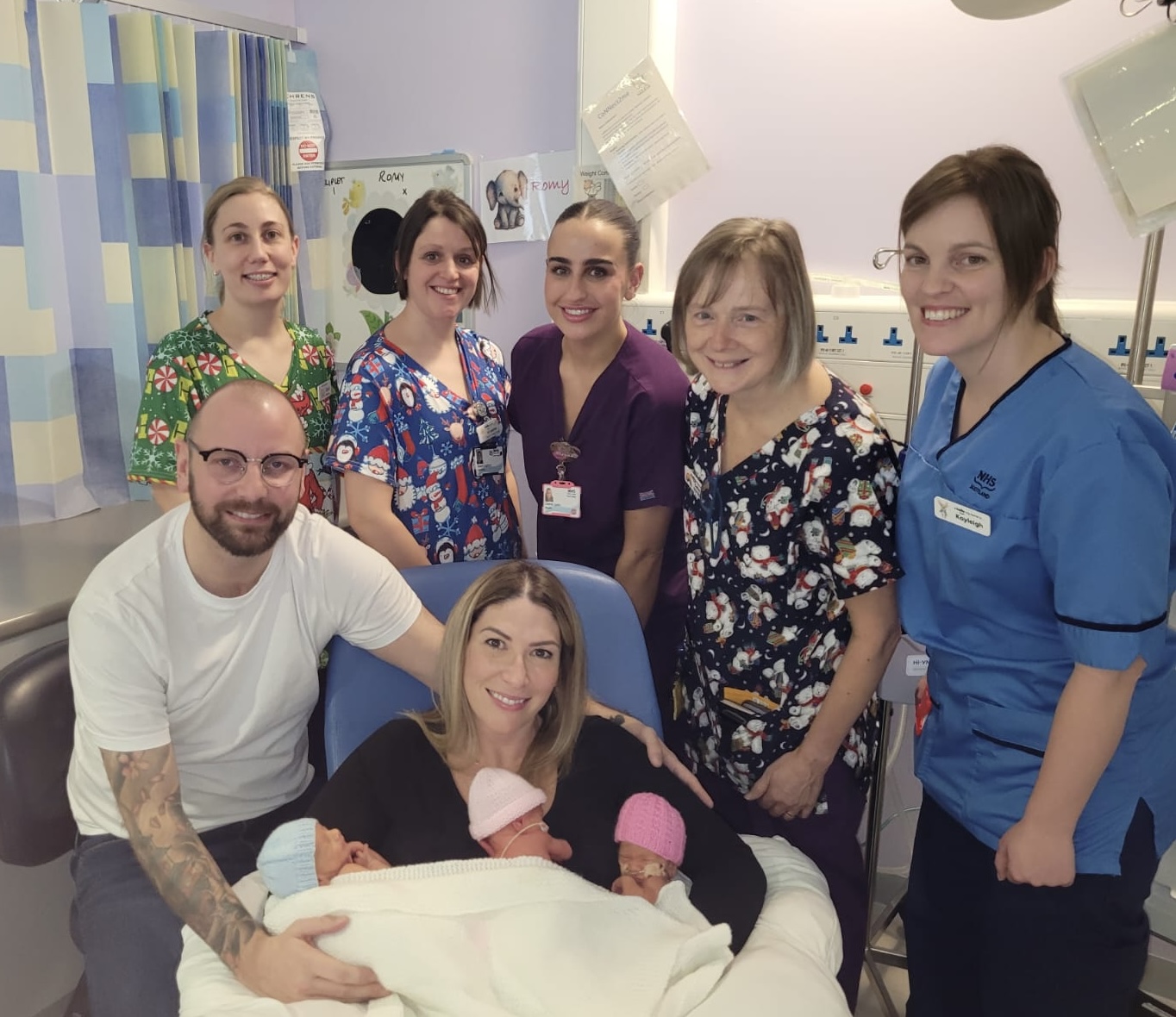 NHS Forth Valley staff with parents Ricki and Fiona Zebik and their newly-born triplet