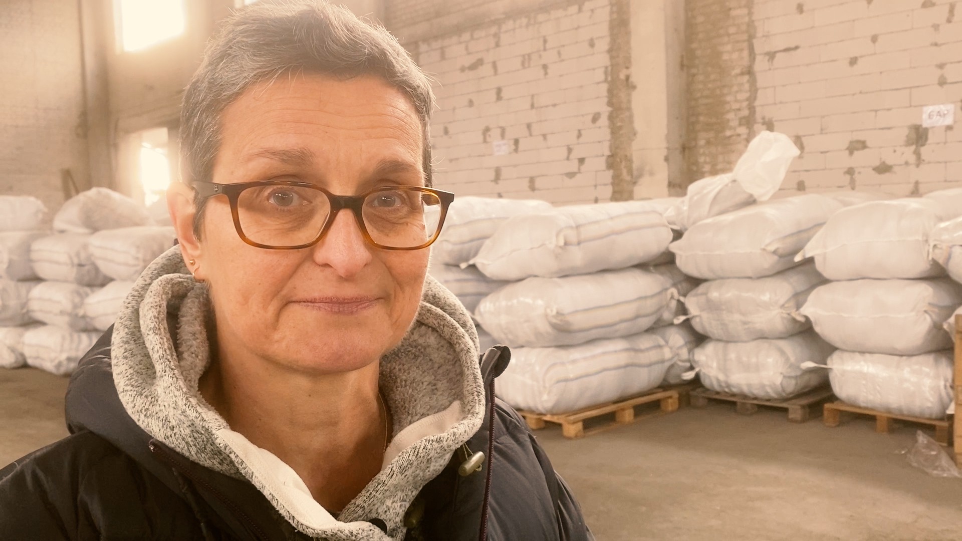 Rachel Harvey at a warehouse of ShelterBox aid in Ukraine