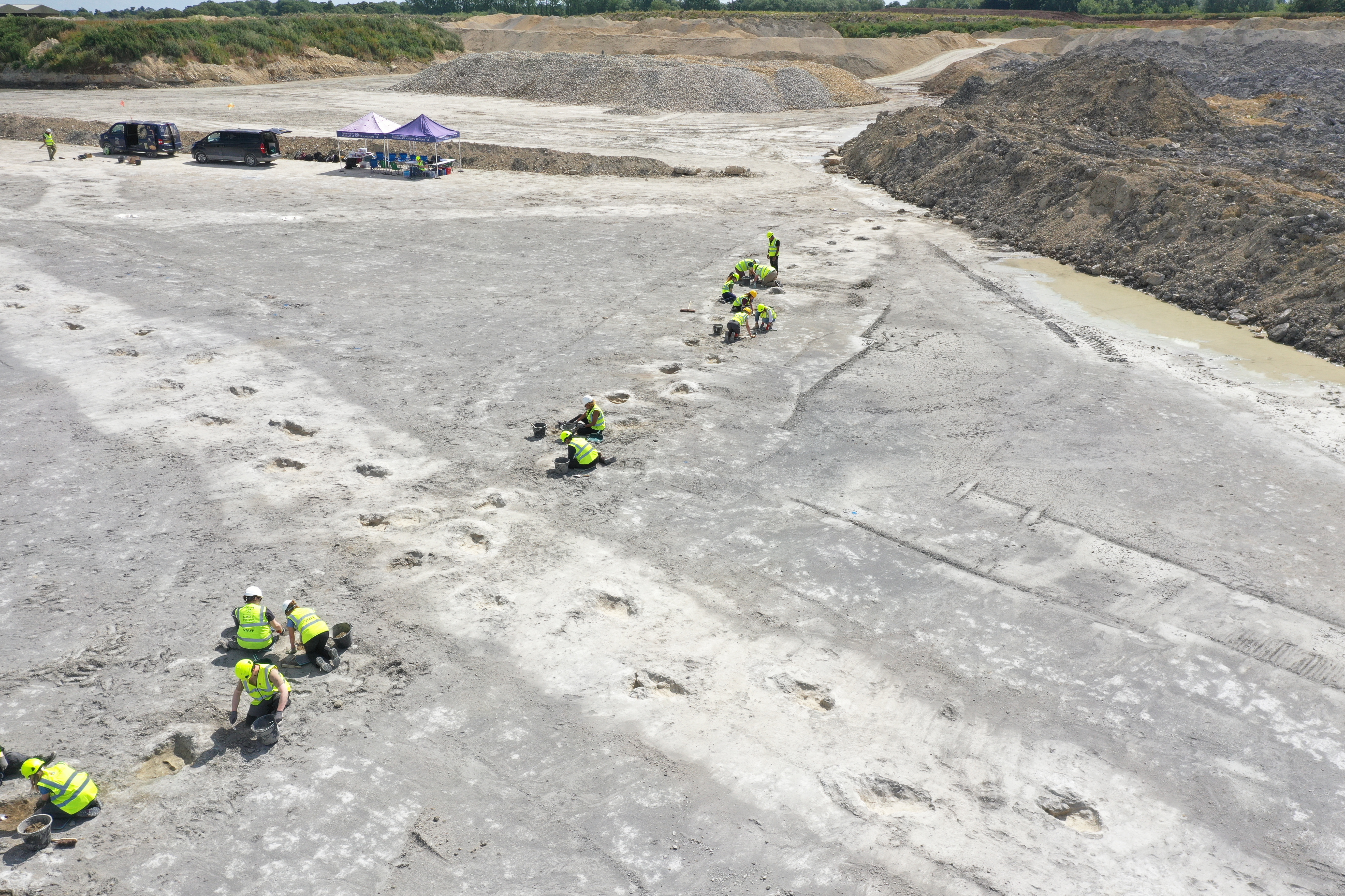 People examining dinosaur tracks in a quarry