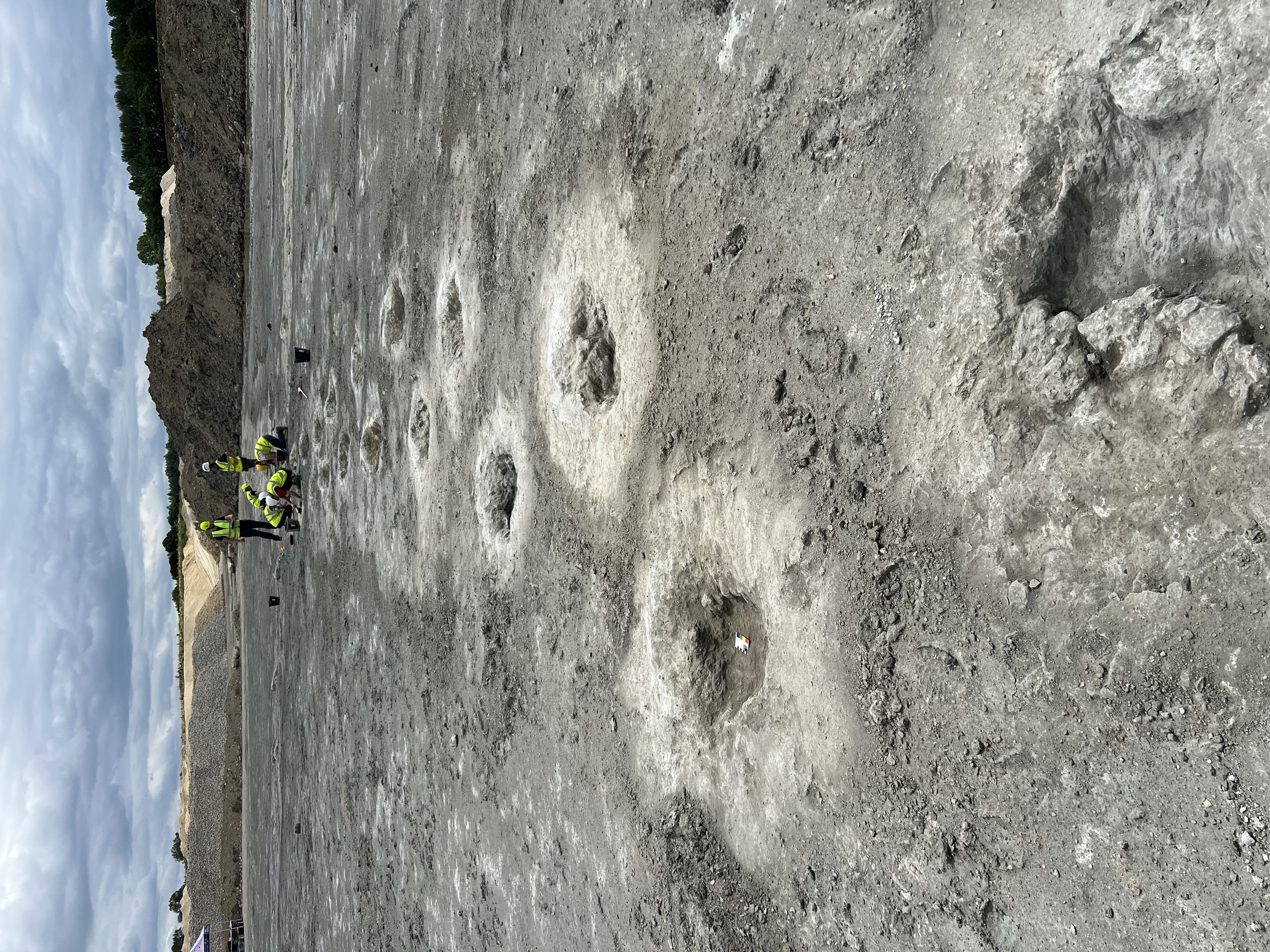 People working on dinosaur footprints in a quarry