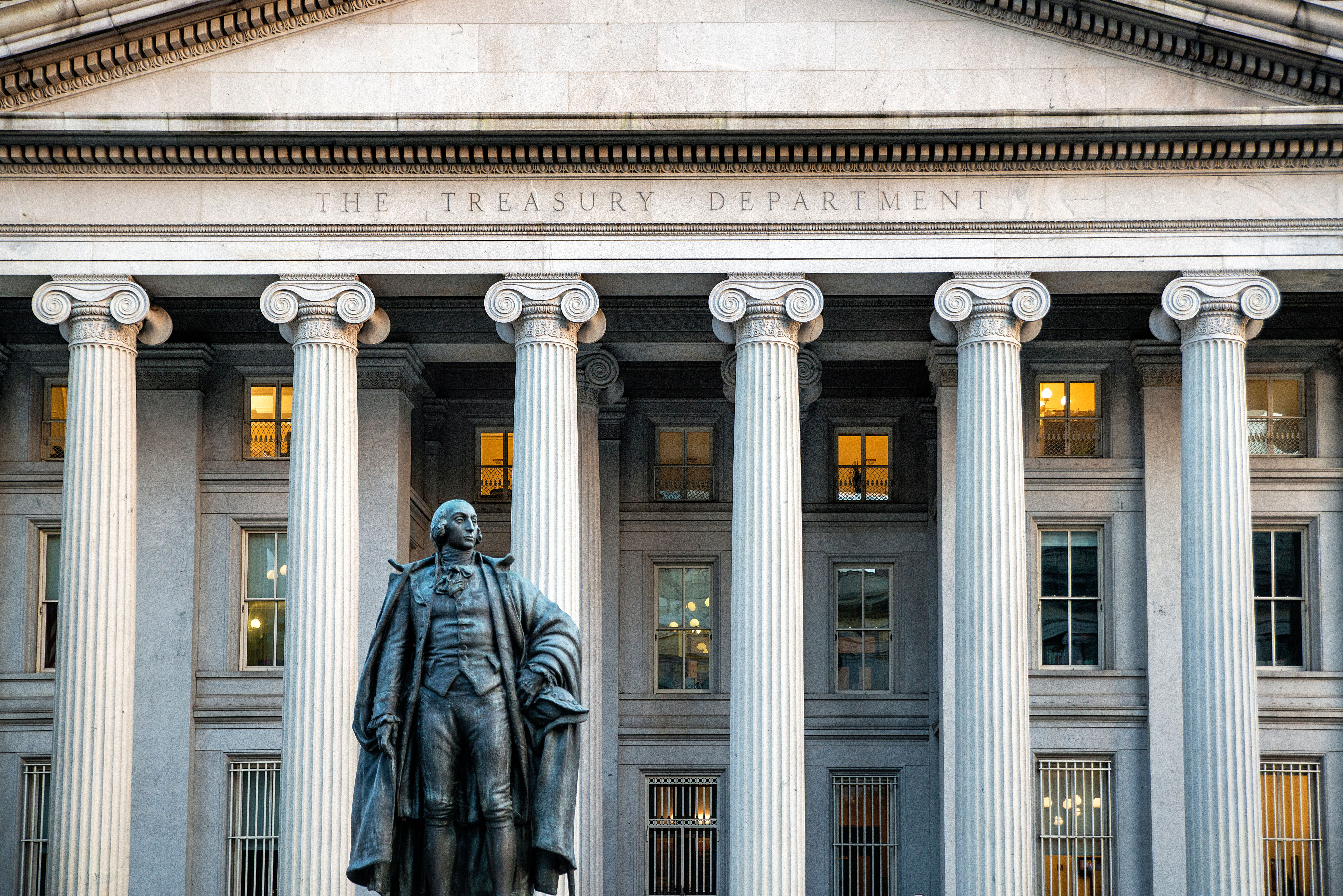 A statue outside the US Treasury building