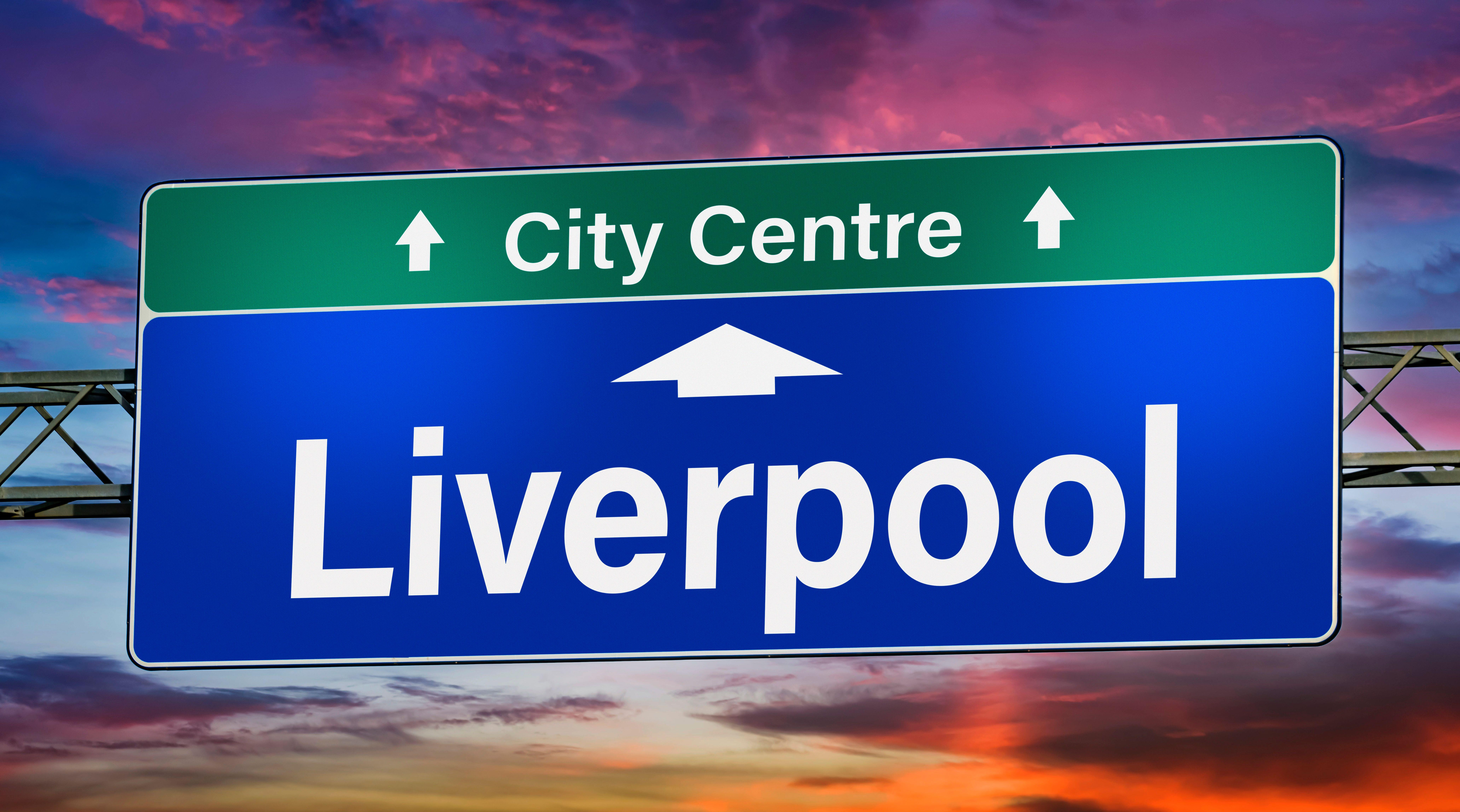 Road sign indicating direction to the city of Liverpool