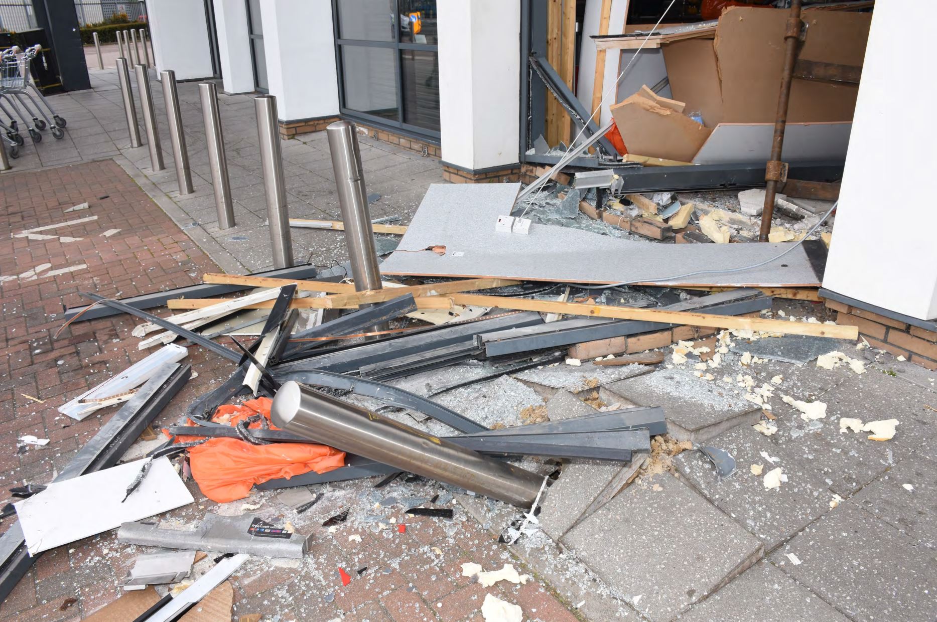 Damage to a Home Bargains in Essex after a forklift was used to rip a cash machine from the wall