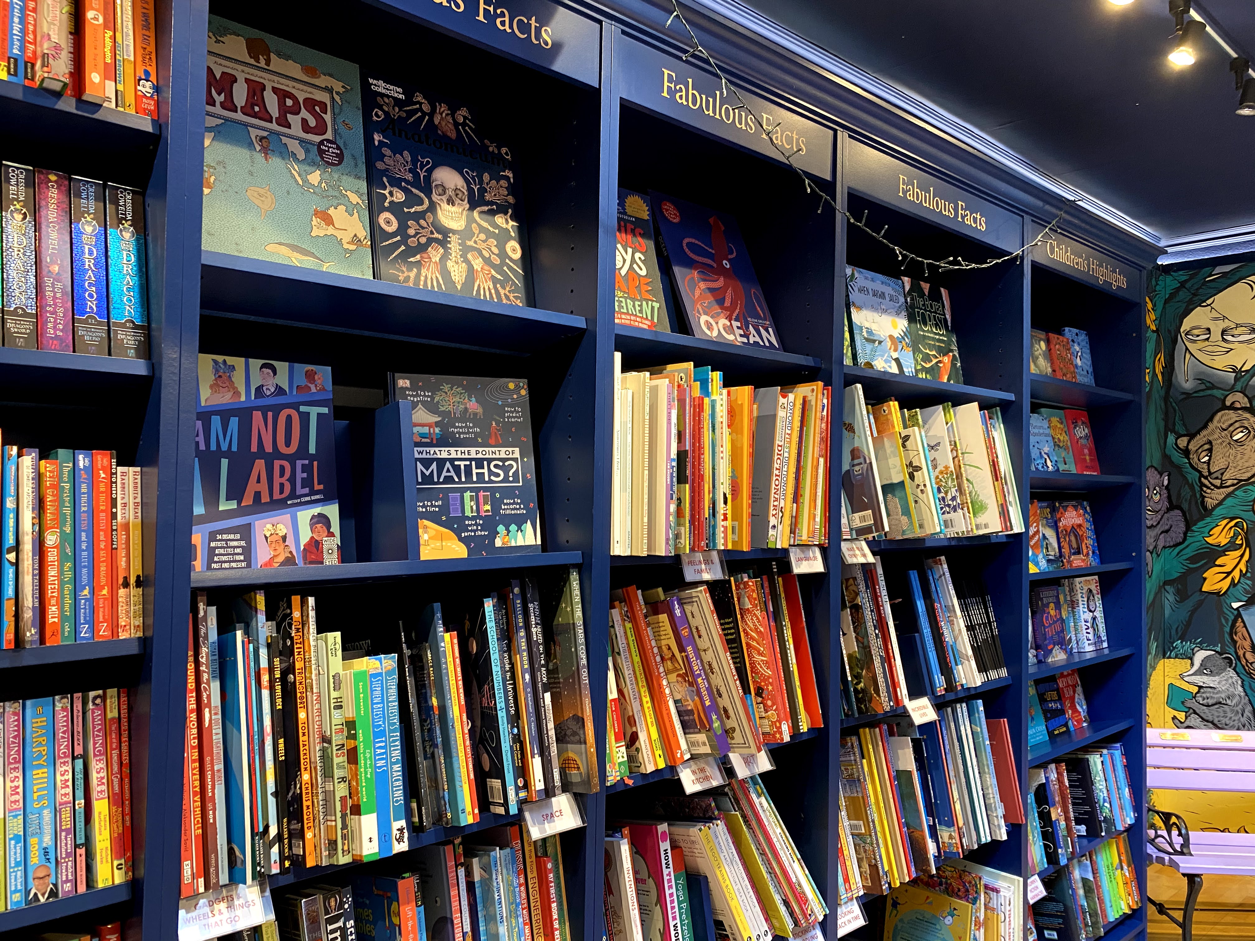 Shelves inside a bookshop.