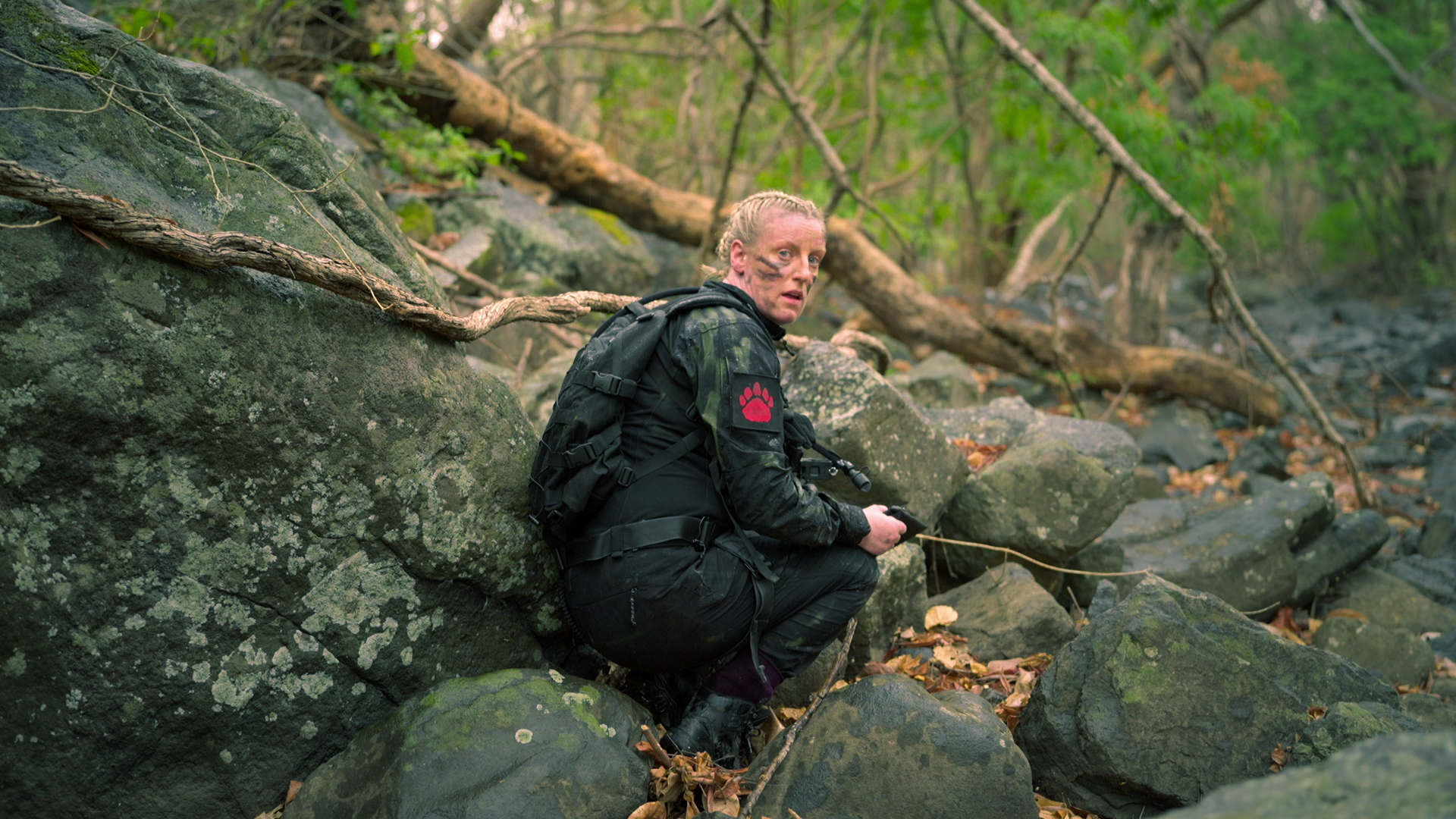 Steph McGovern in the jungle in a still from Celebrity Bear Hunt