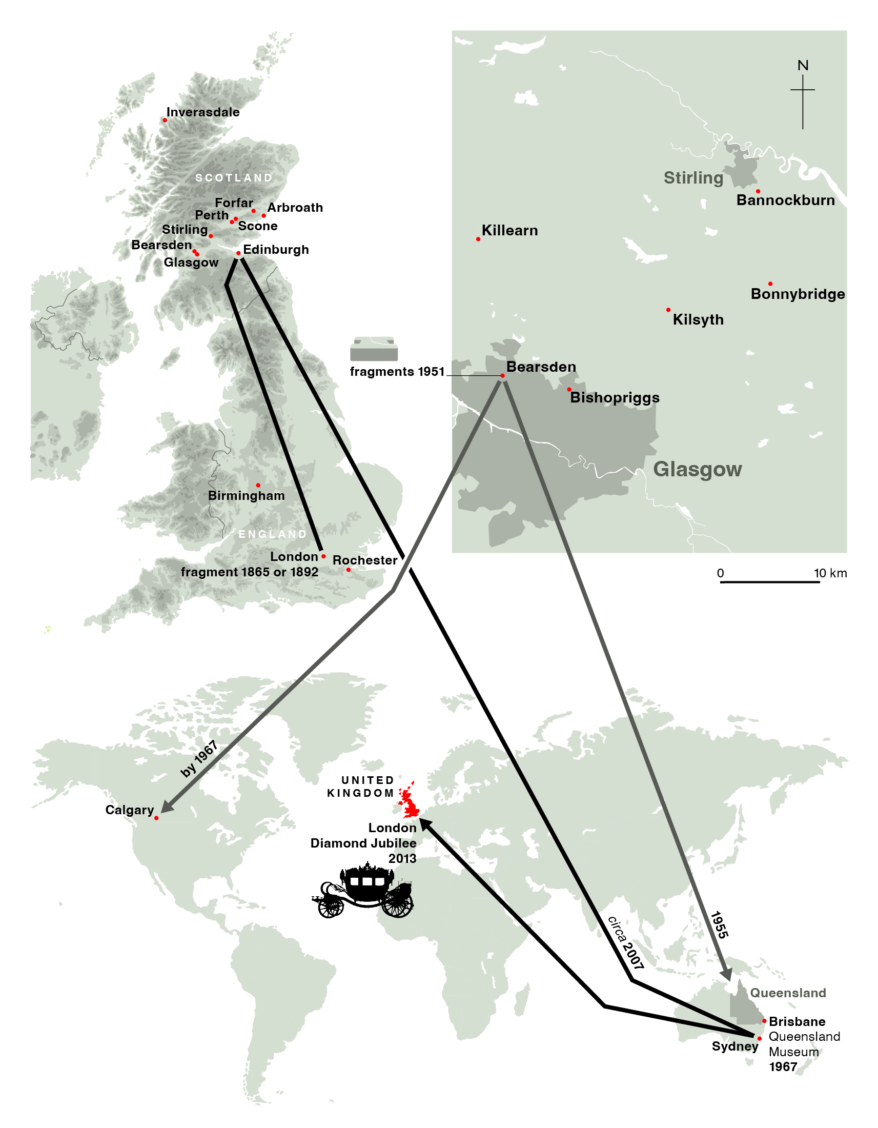 A graphic showing where various fragments of the Stone of Destiny have travelled