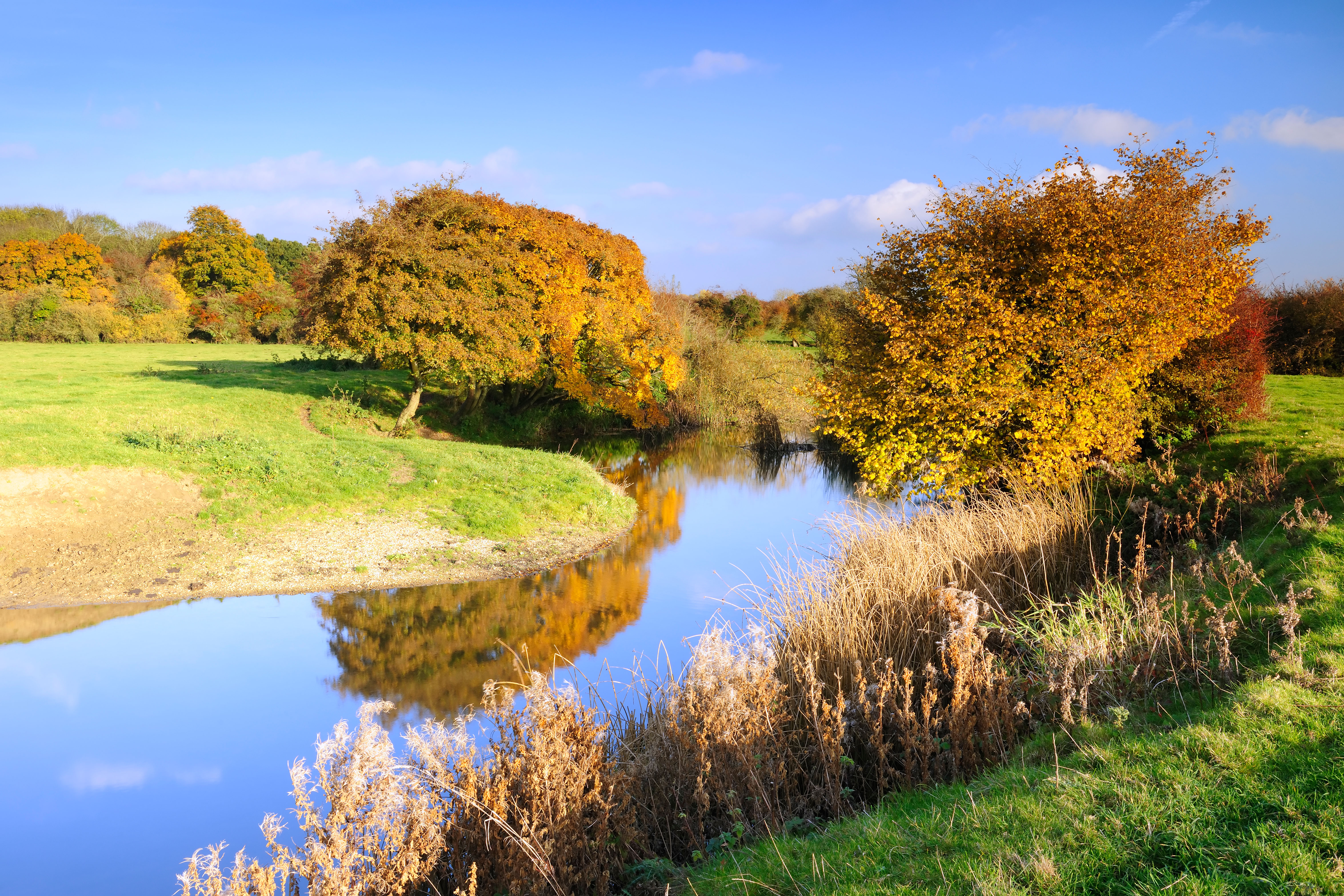 A river winding between fields and trees with autumn colour