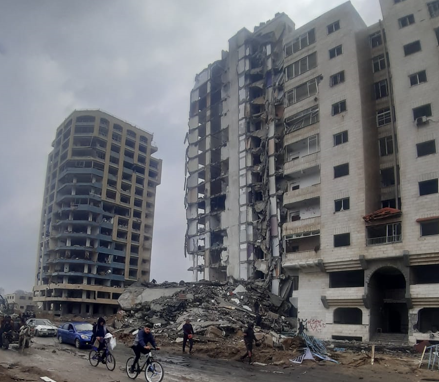 Rubble outside an apartment block