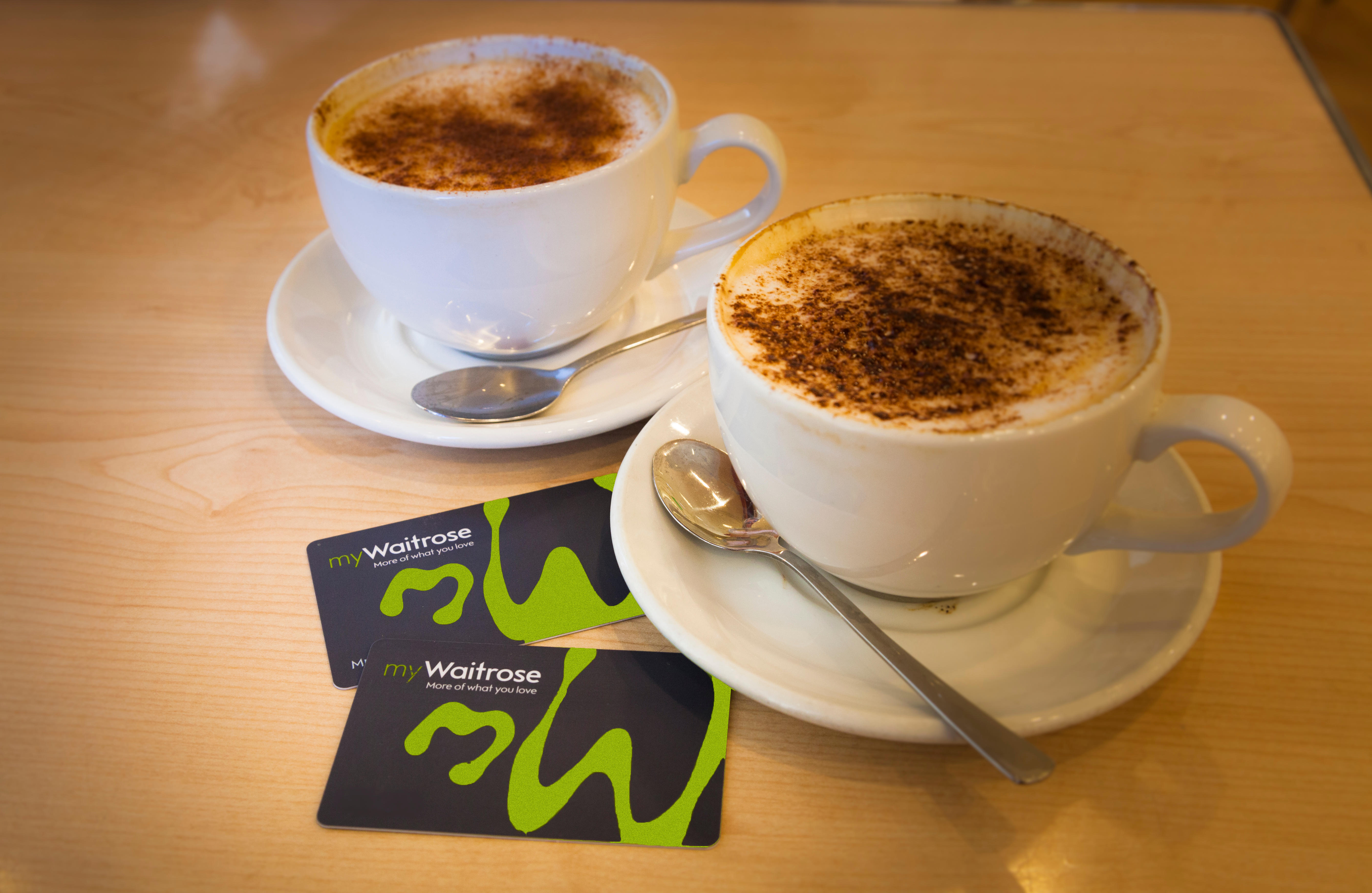 my Waitrose cards with cups of coffee