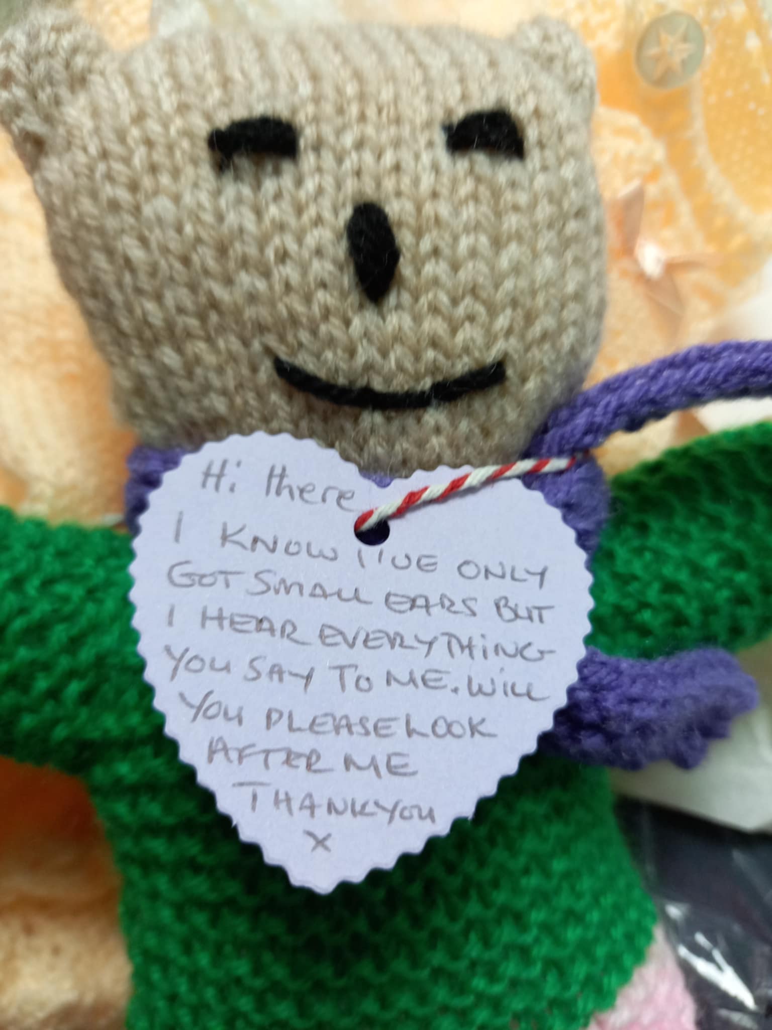 Teddy bear with note on it 