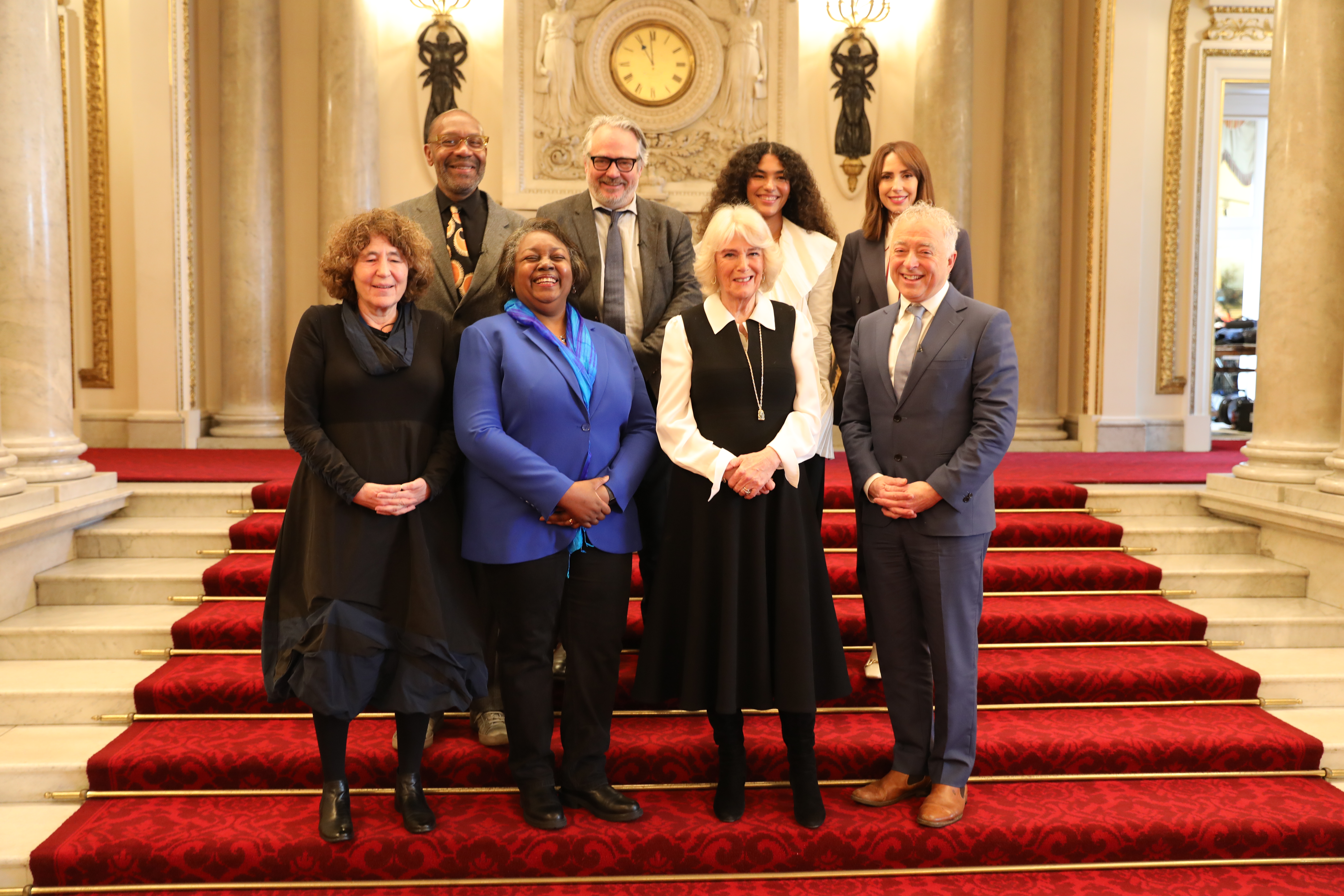 The judges of BBC 500 Words and One Show presenter Alex Jones, with the Queen