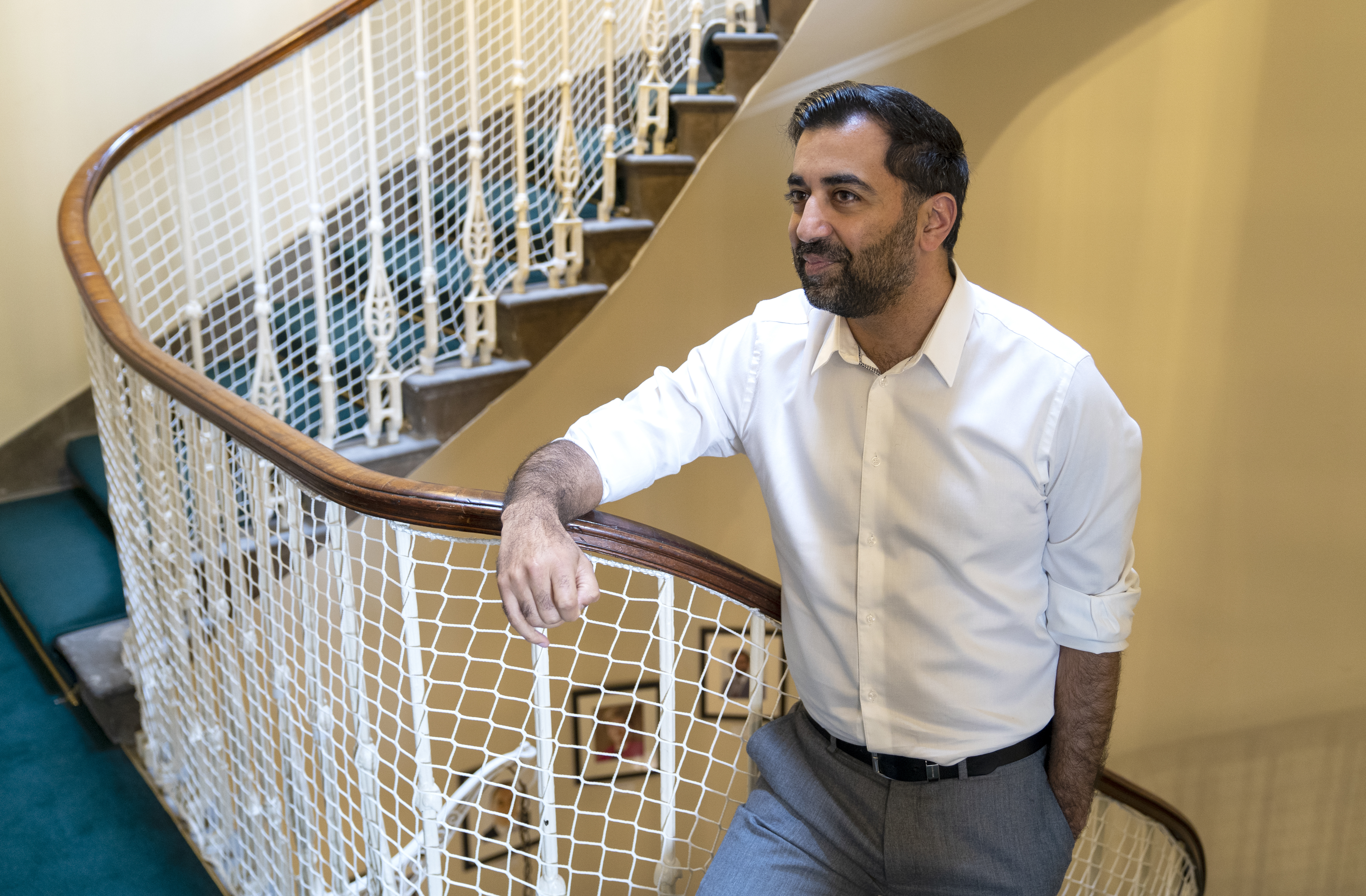 Humza Yousaf on a stairwell