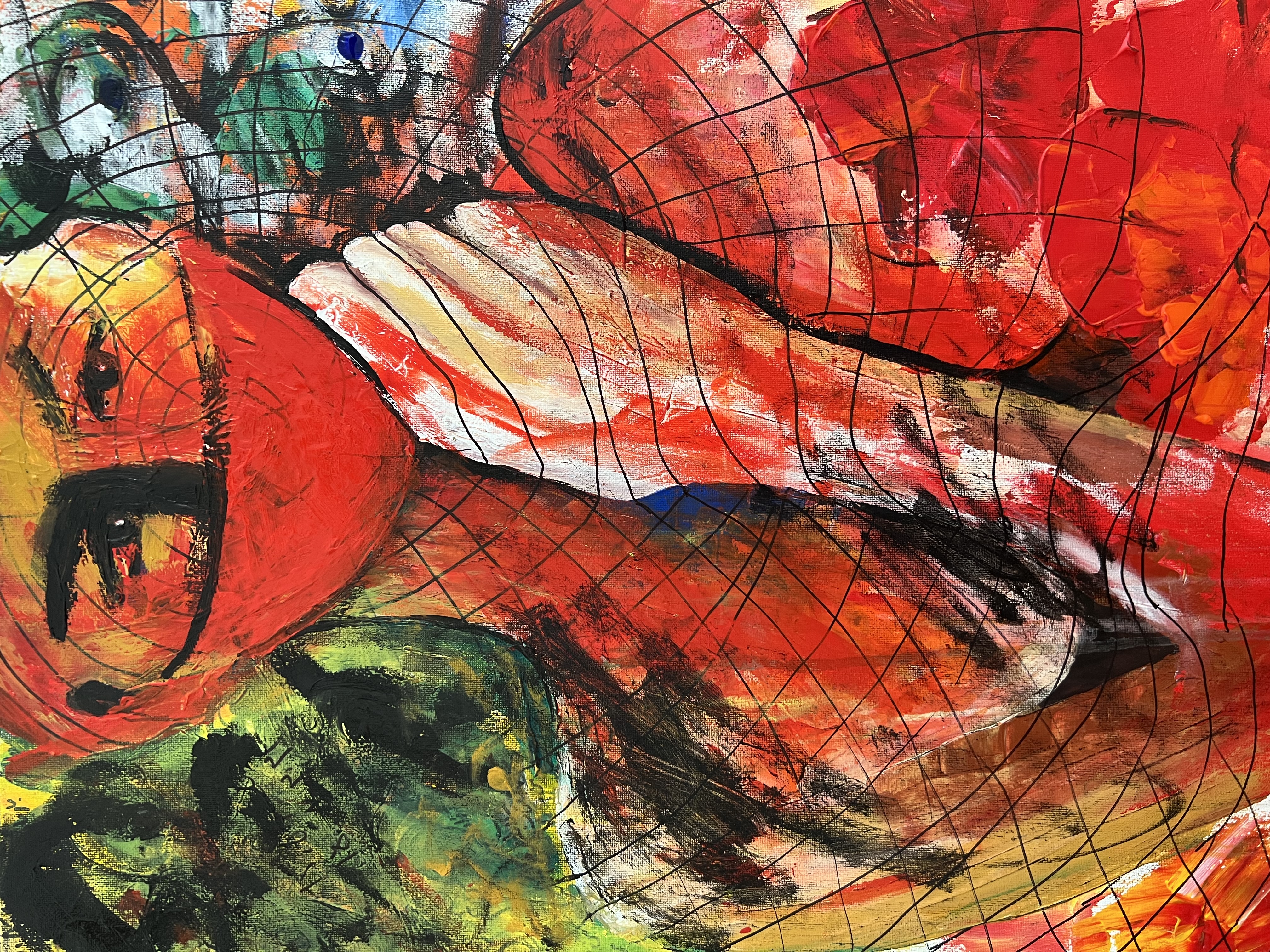 A painting of a woman, coloured mainly red