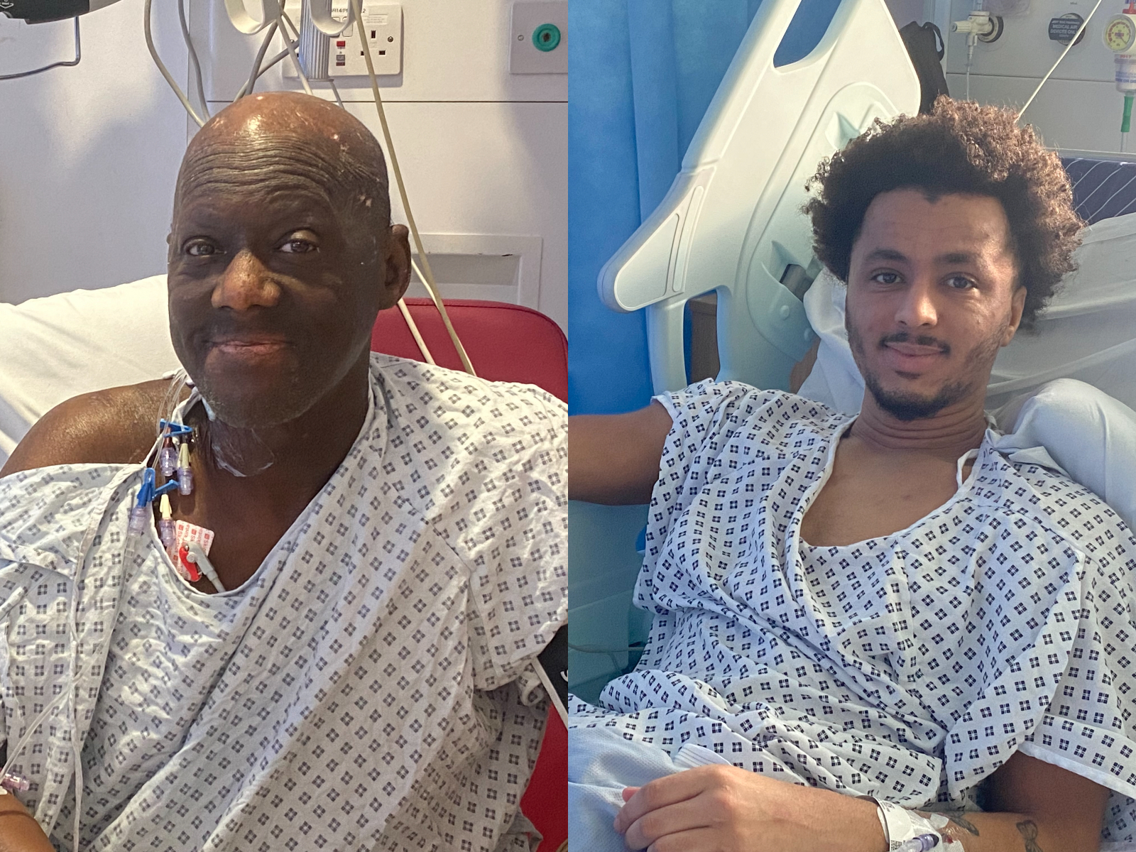 Composite image of a father and his son sat in hospital wearing a tunic post kidney donation surgery